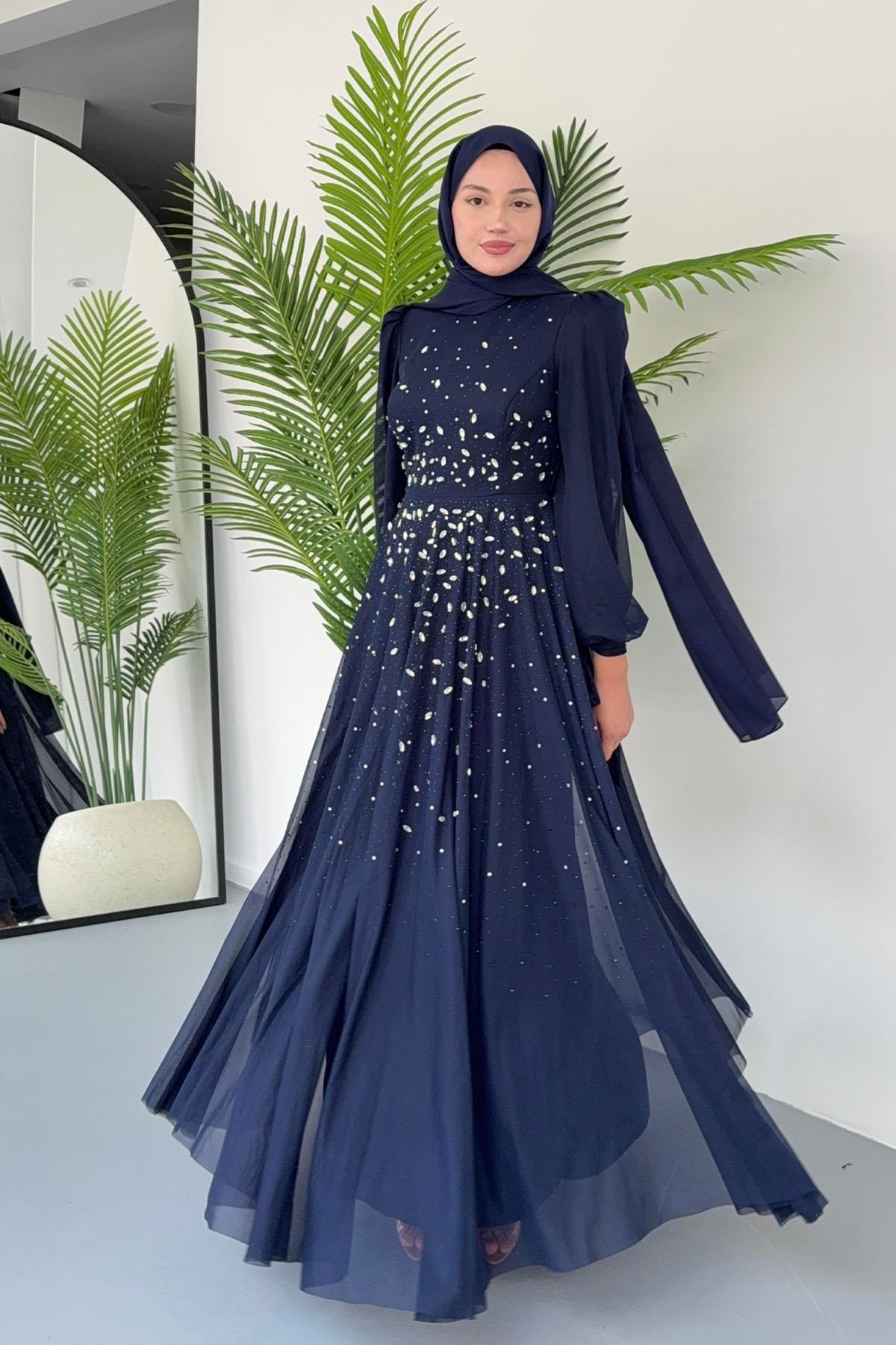 Taş İşlemeli Duru Tesettür Abiye-LACİVERT