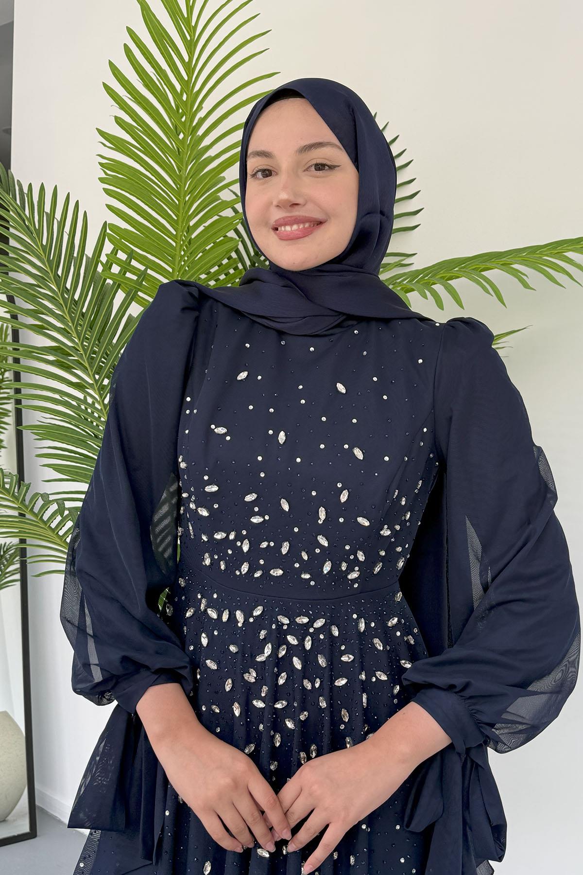 Taş İşlemeli Duru Tesettür Abiye-LACİVERT