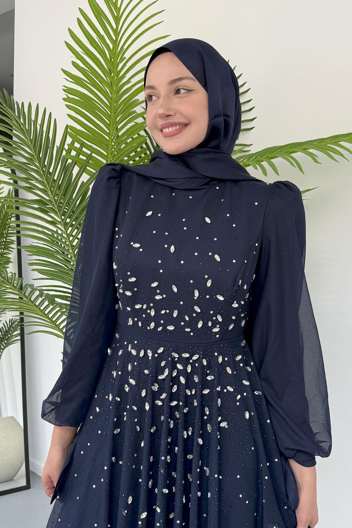 Taş İşlemeli Duru Tesettür Abiye-LACİVERT