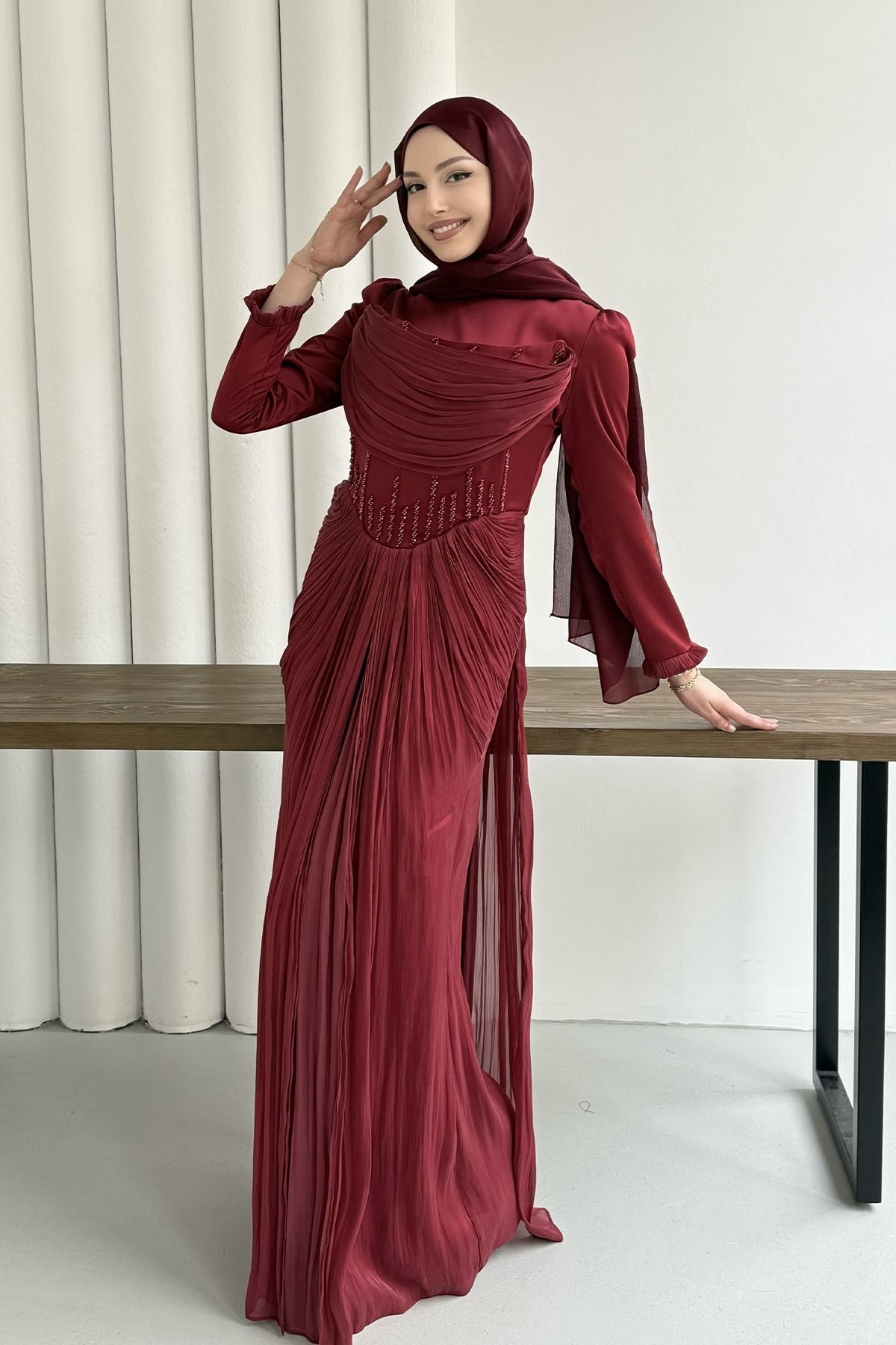 Taş İşlemeli Korse Detaylı Tesettür Abiye-BORDO
