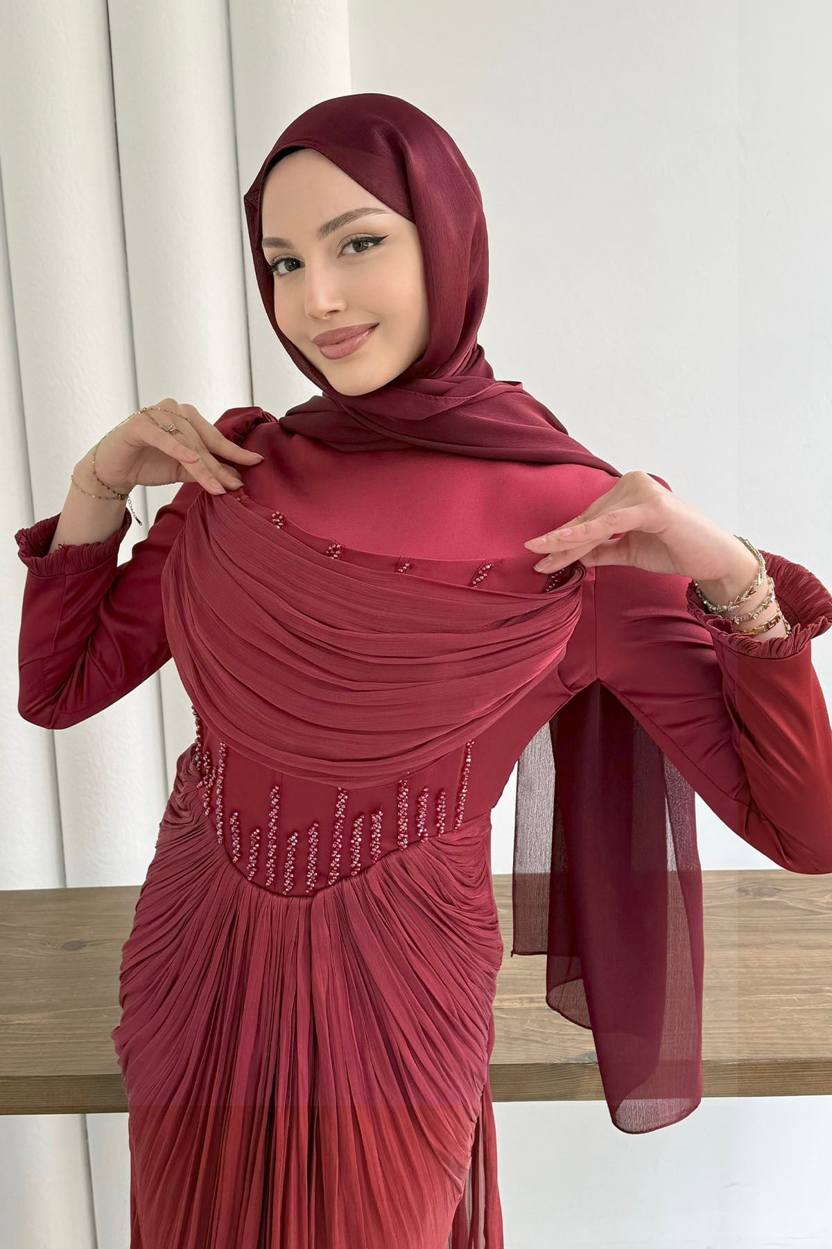 Taş İşlemeli Korse Detaylı Tesettür Abiye-BORDO