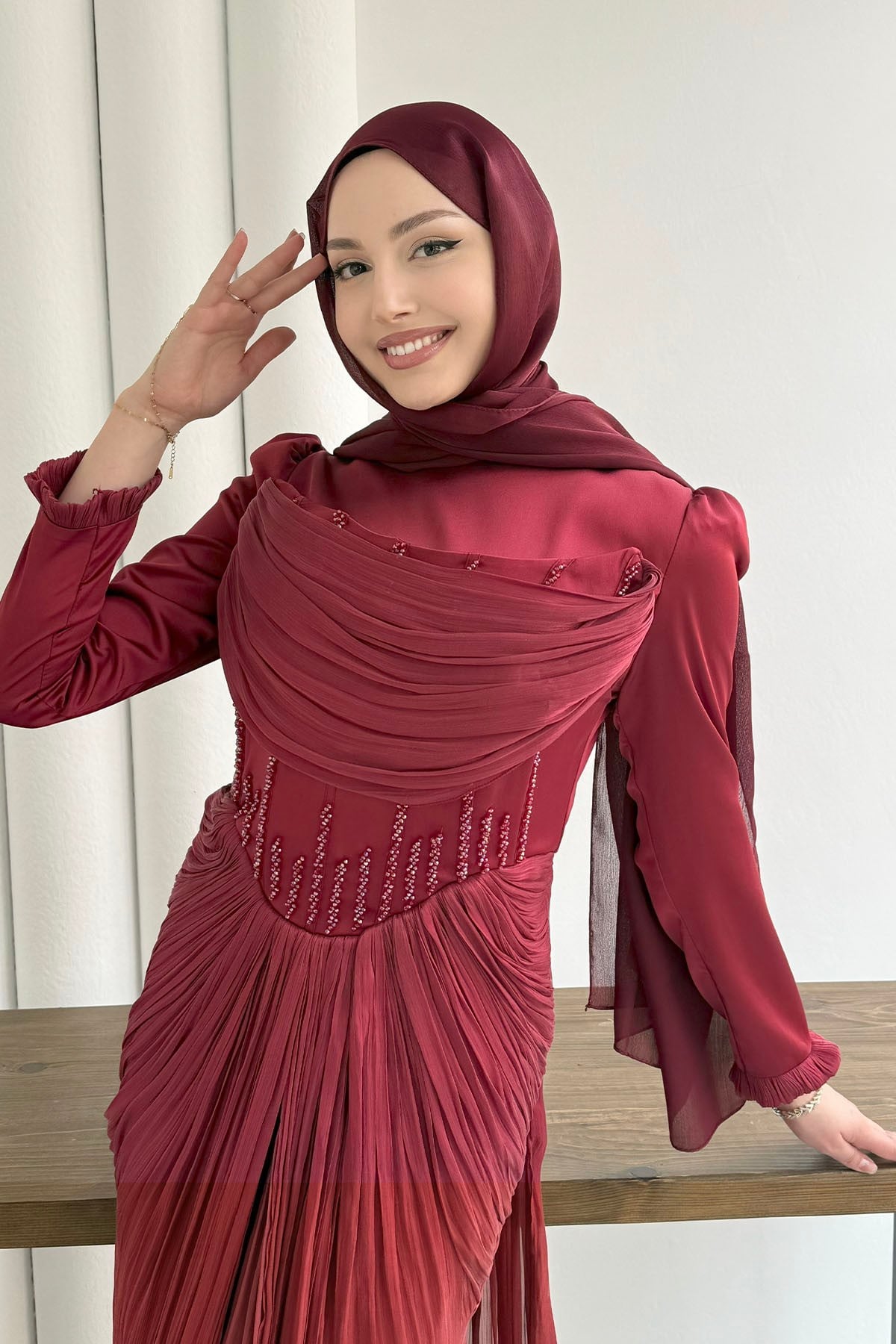 Taş İşlemeli Korse Detaylı Tesettür Abiye-BORDO