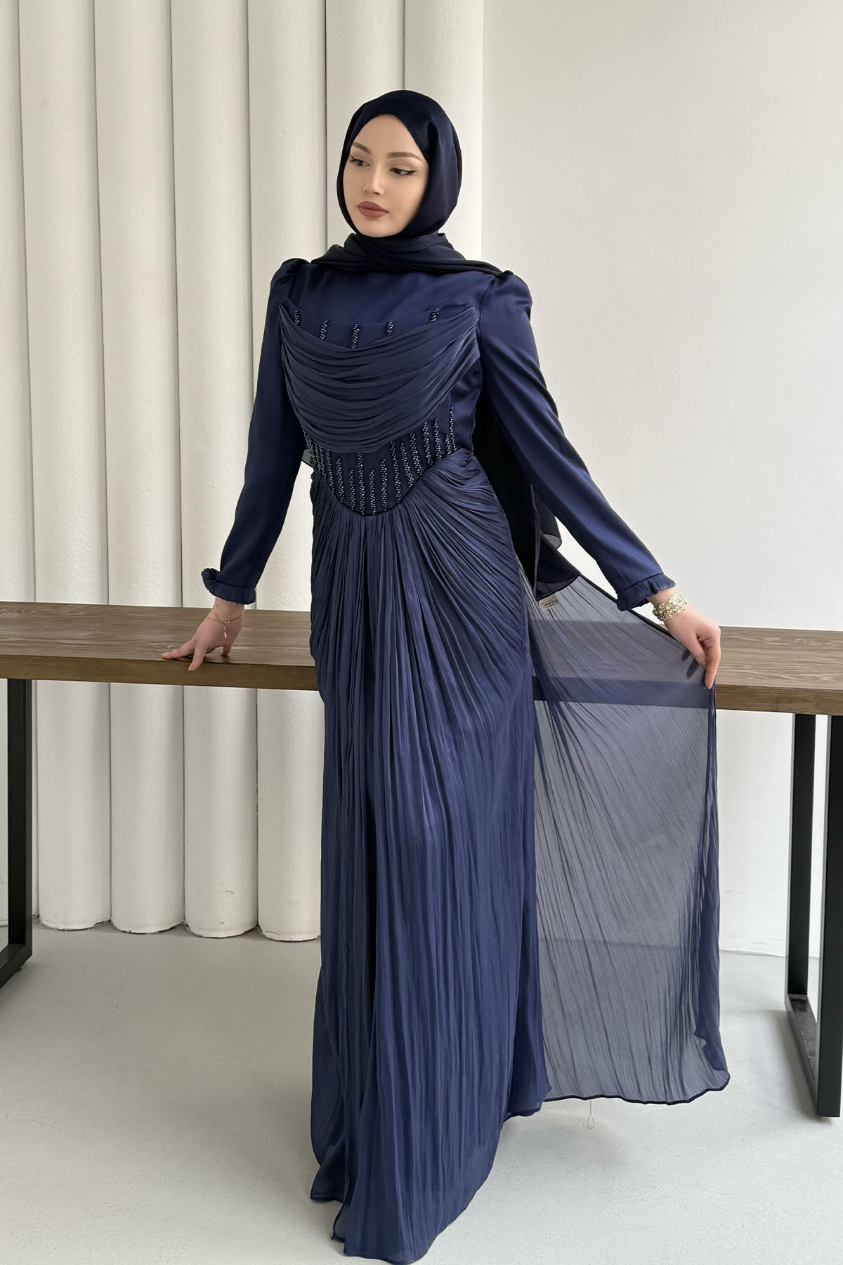 Taş İşlemeli Korse Detaylı Tesettür Abiye-LACİVERT