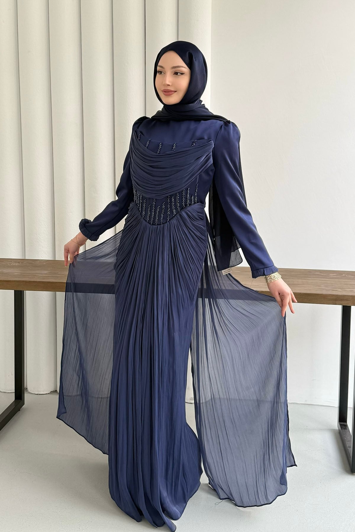 Taş İşlemeli Korse Detaylı Tesettür Abiye-LACİVERT