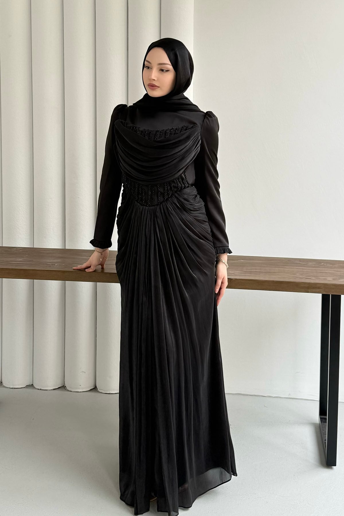 Taş İşlemeli Korse Detaylı Tesettür Abiye-SİYAH