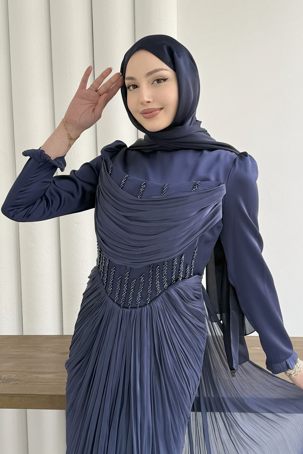 Taş İşlemeli Korse Detaylı Tesettür Abiye-LACİVERT