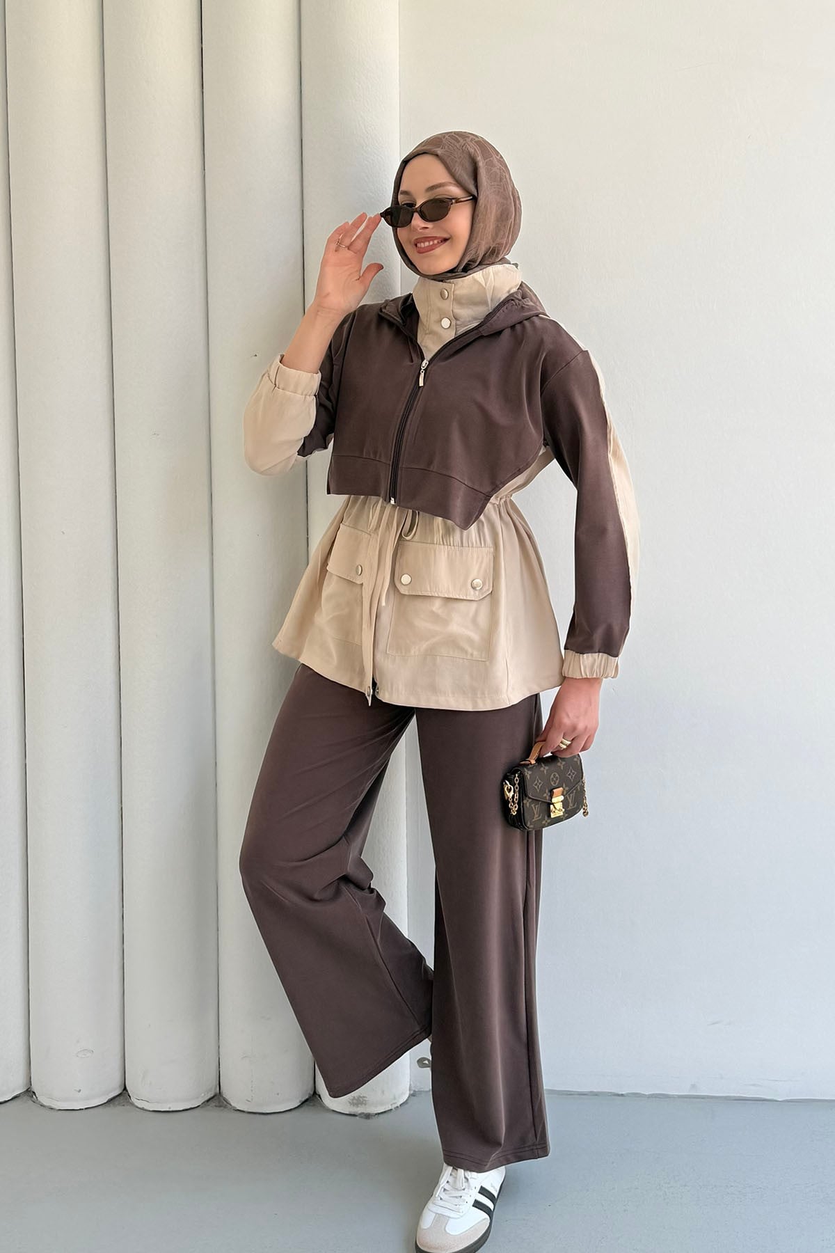 Tencel Kumaş Pantolonlu Üçlü Tesettür Takım-KAHVERENGİ