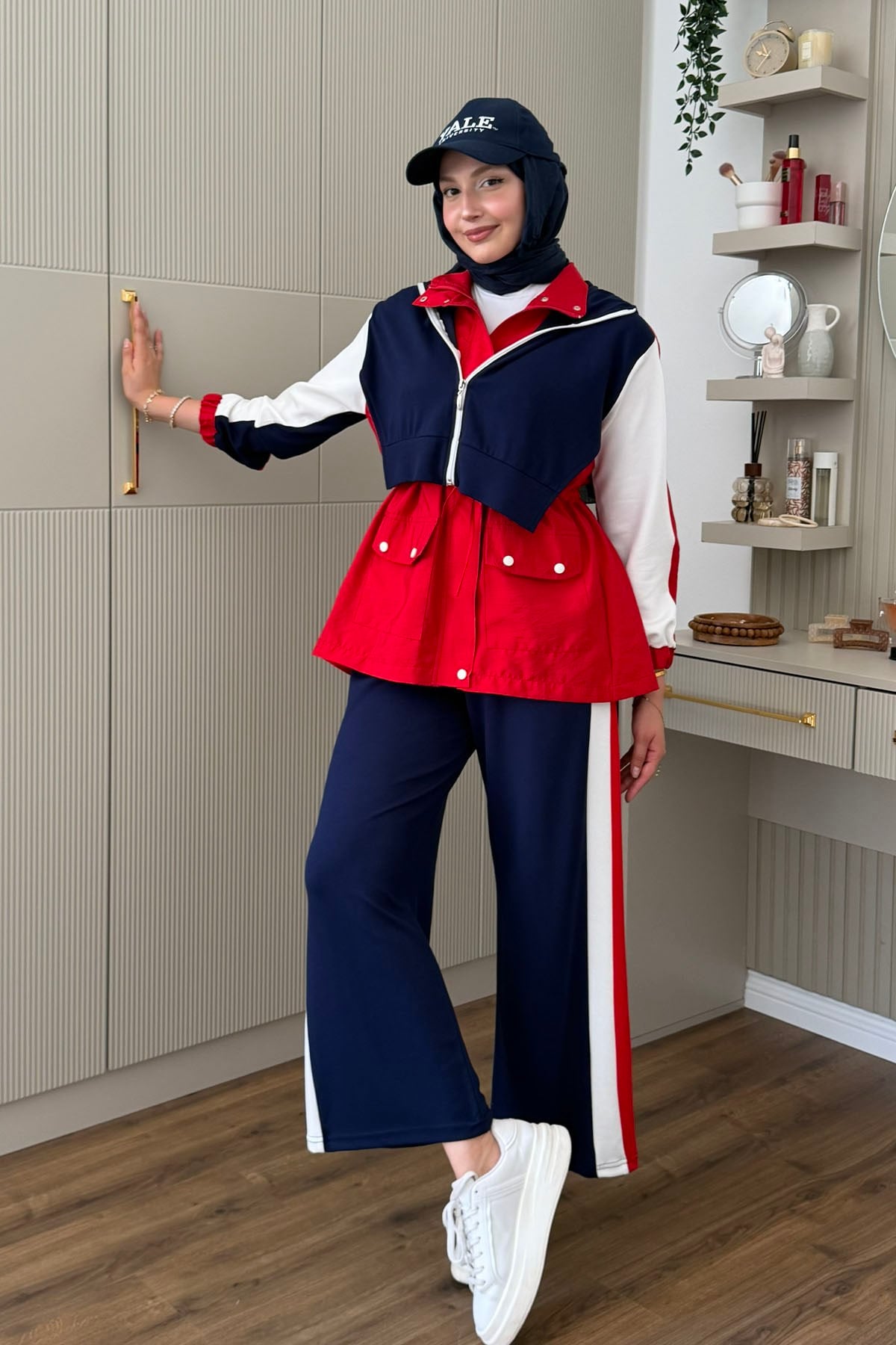 Tencel Kumaş Pantolonlu Üçlü Tesettür Takım-KIRMIZI