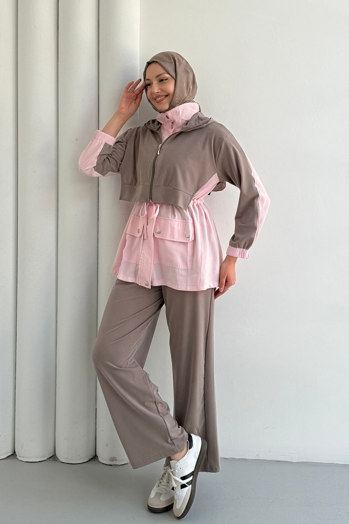 Tencel Kumaş Pantolonlu Üçlü Tesettür Takım-VİZON