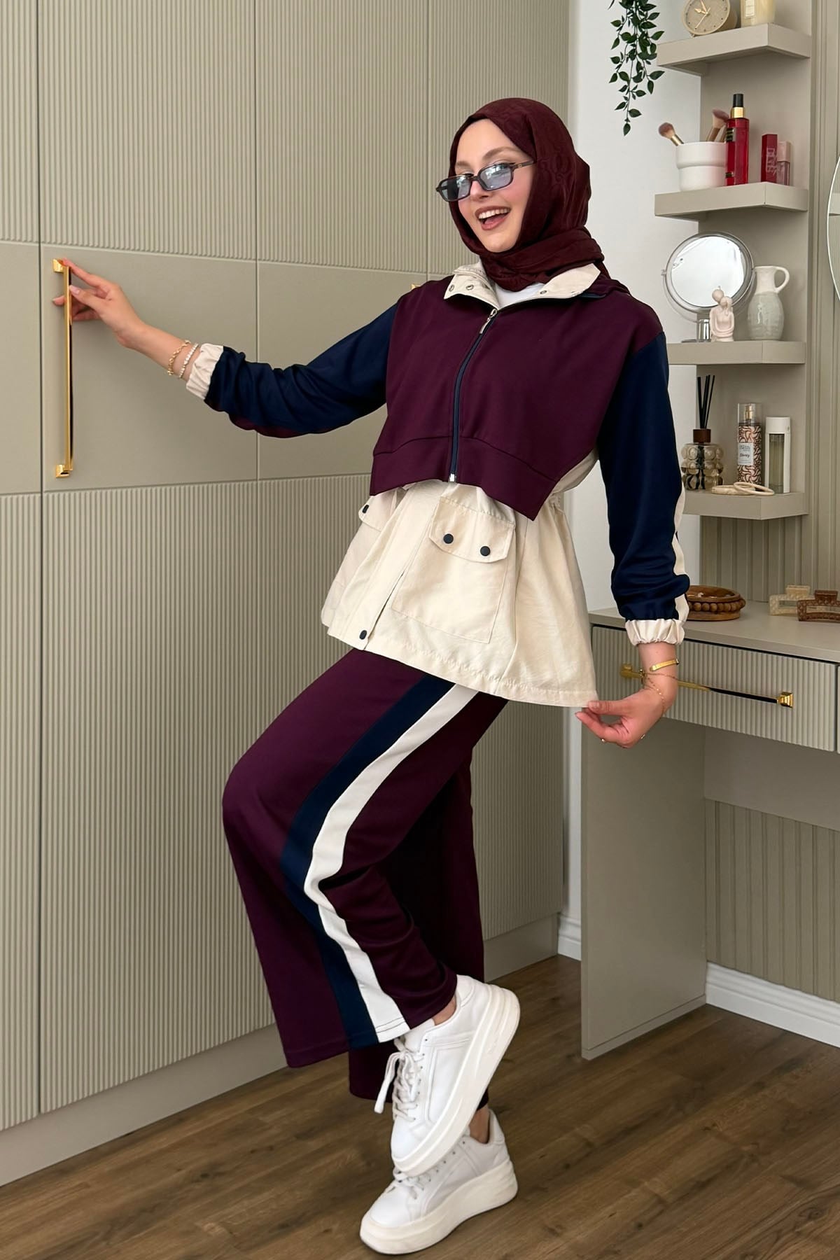 Tencel Kumaş Pantolonlu Üçlü Tesettür Takım-VİŞNE RENGİ