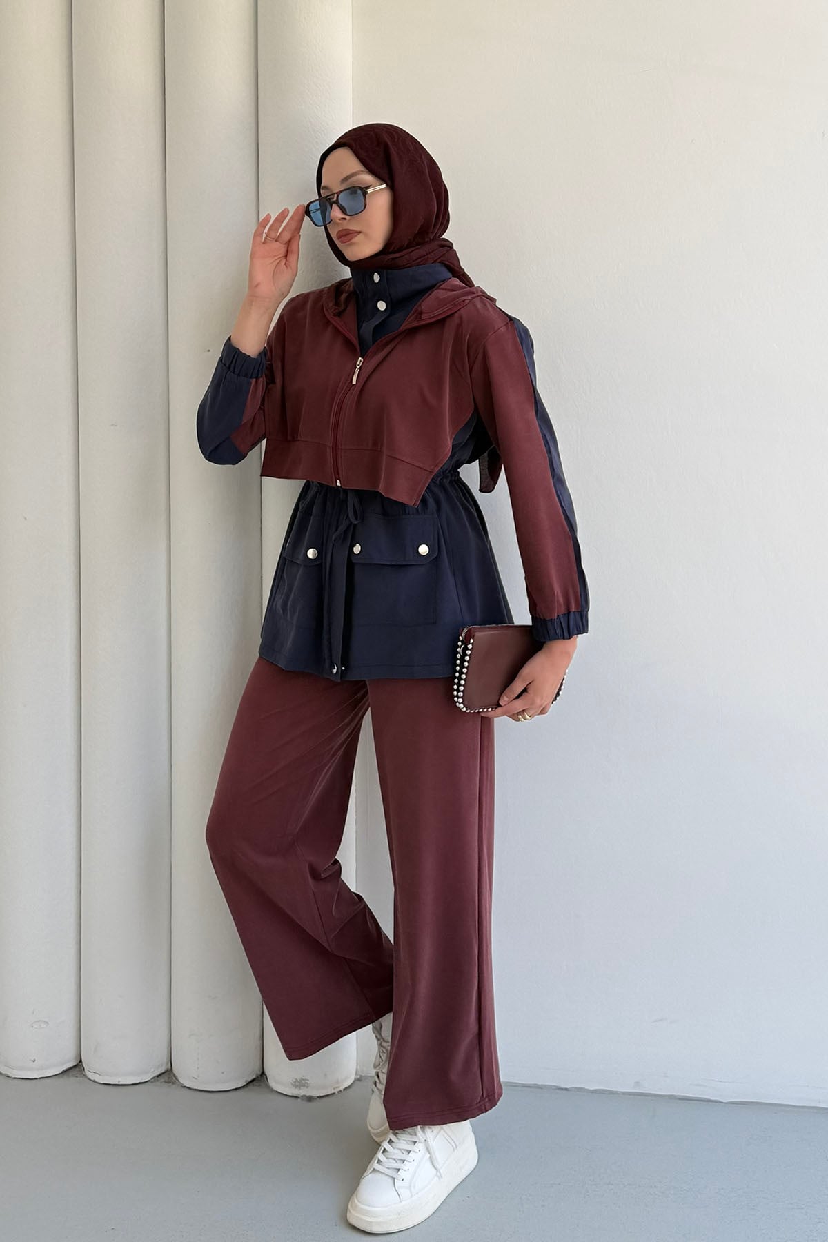 Tencel Kumaş Pantolonlu Üçlü Tesettür Takım-BORDO