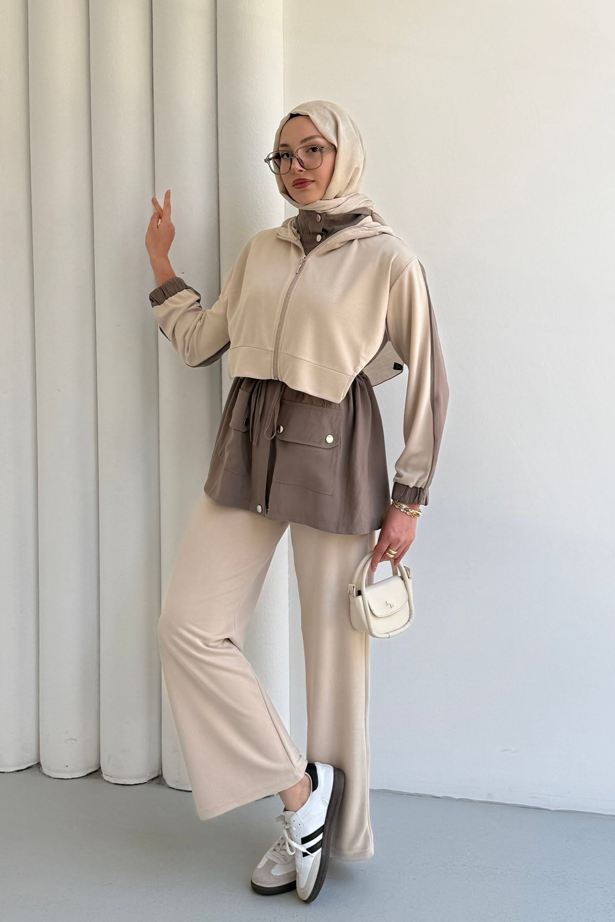 Tencel Kumaş Pantolonlu Üçlü Tesettür Takım-TAŞ