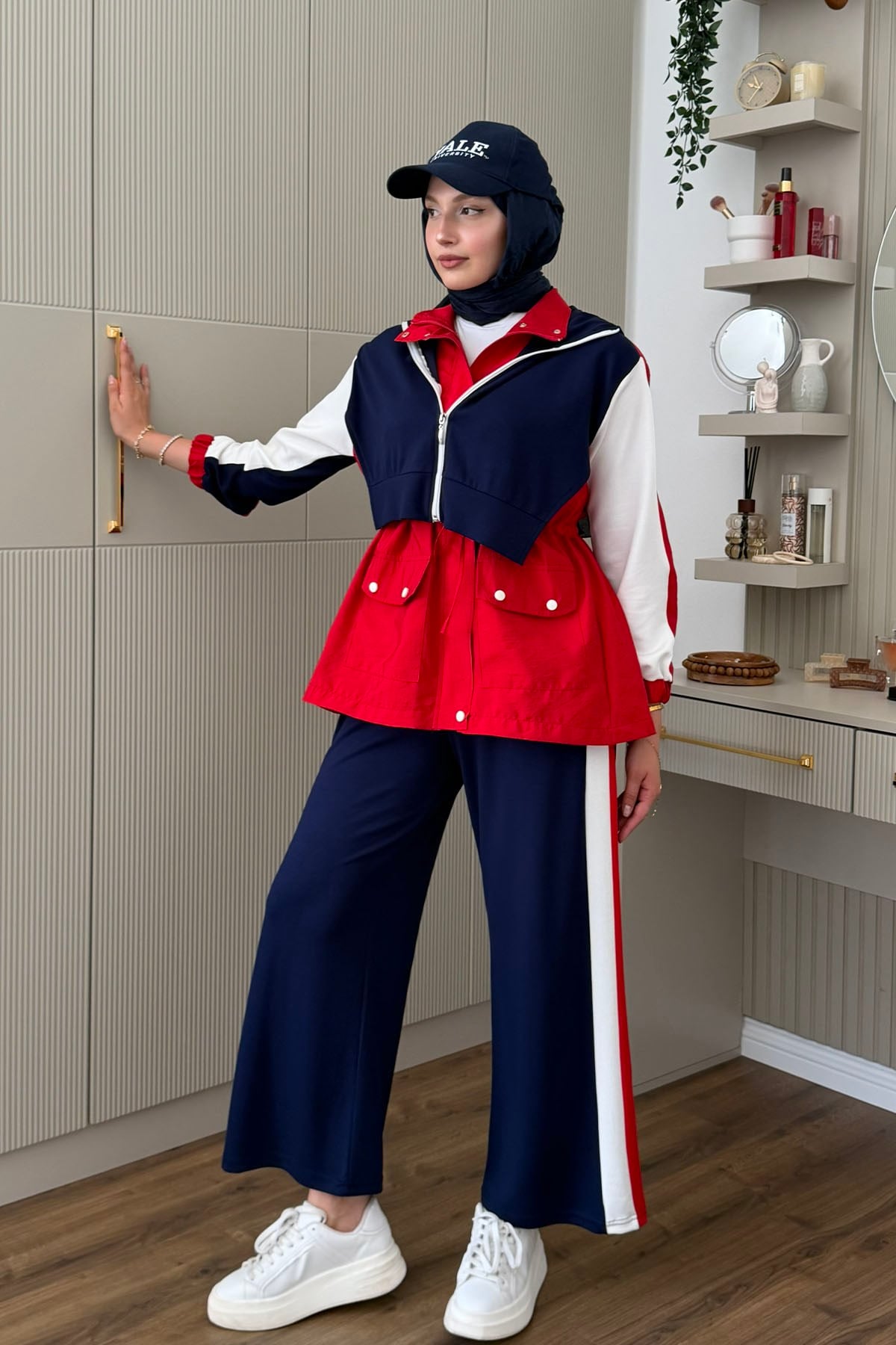 Tencel Kumaş Pantolonlu Üçlü Tesettür Takım-KIRMIZI