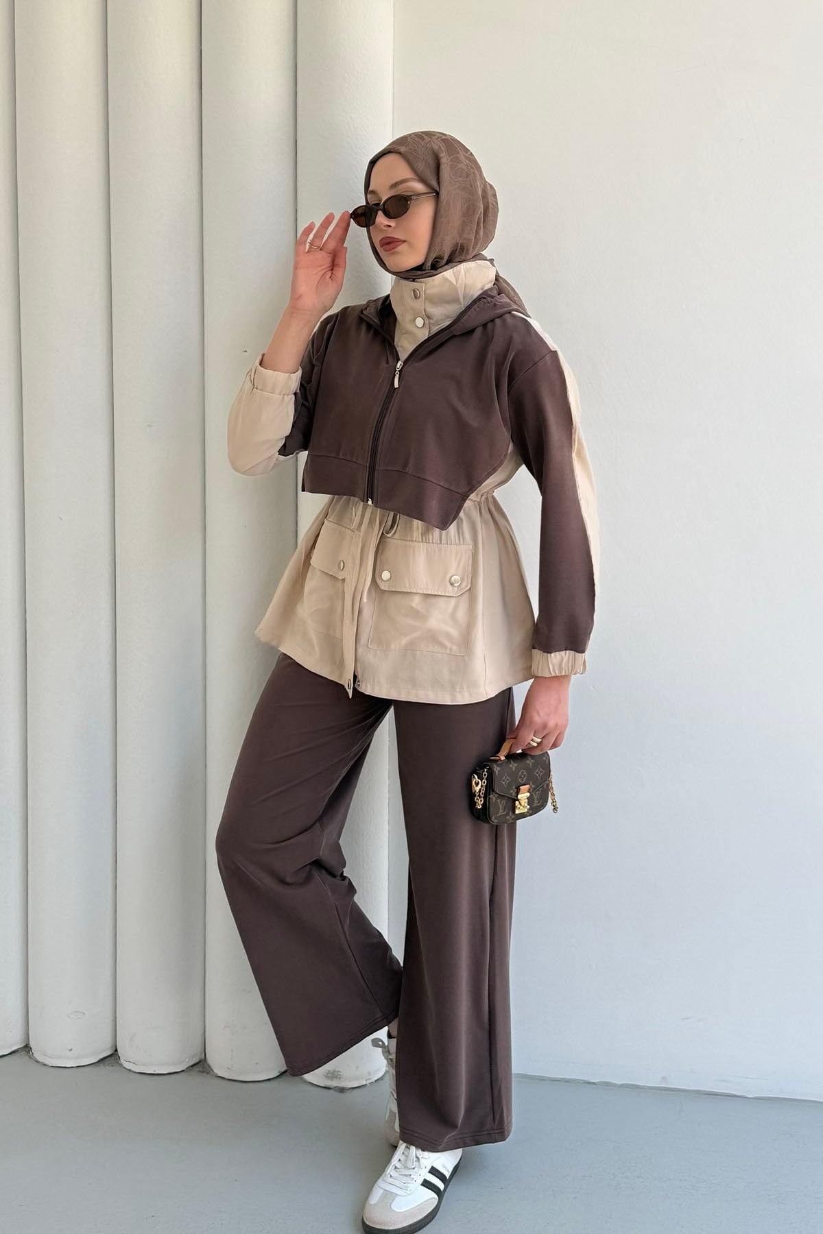 Tencel Kumaş Pantolonlu Üçlü Tesettür Takım-KAHVERENGİ