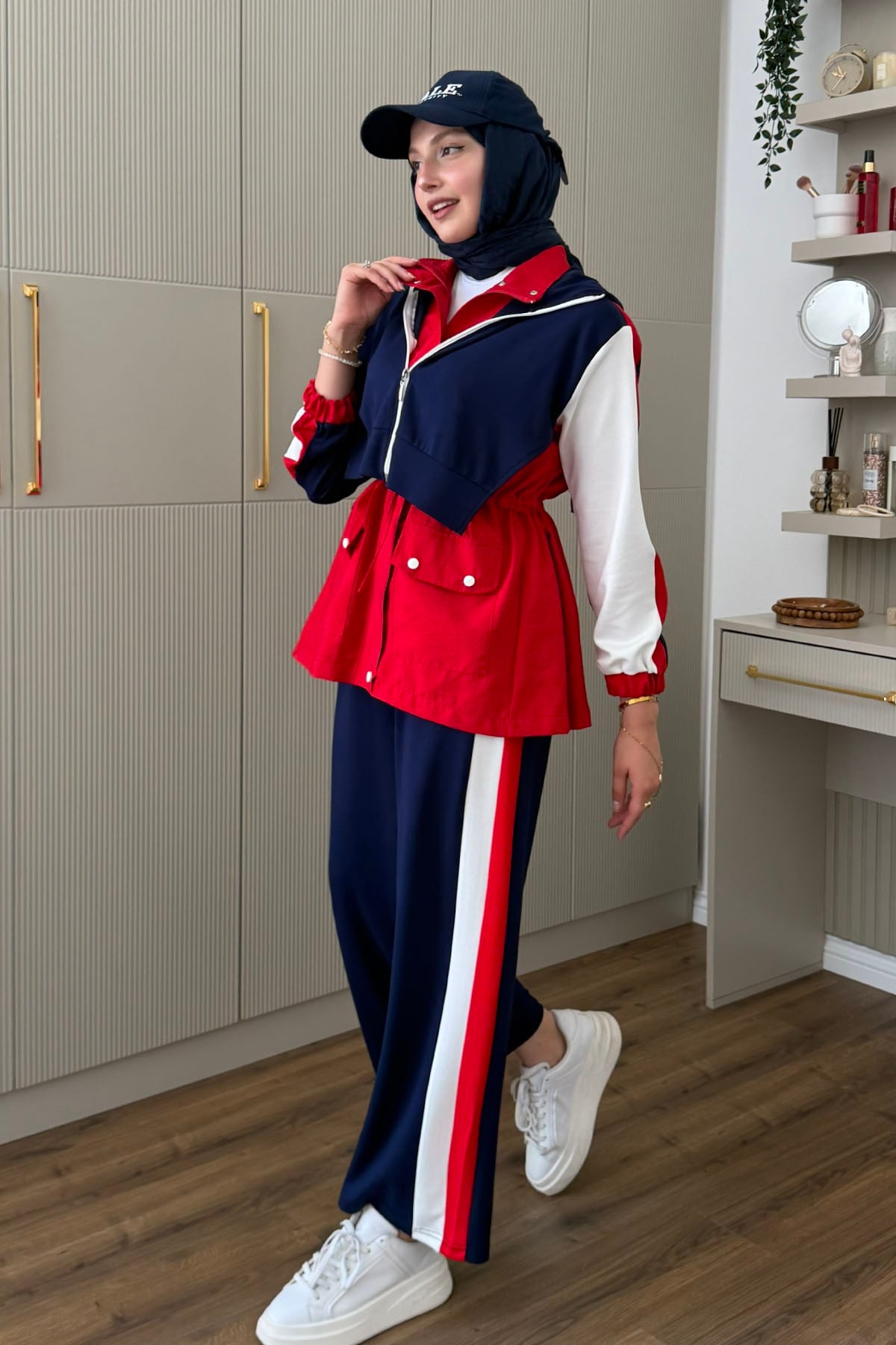 Tencel Kumaş Pantolonlu Üçlü Tesettür Takım-KIRMIZI