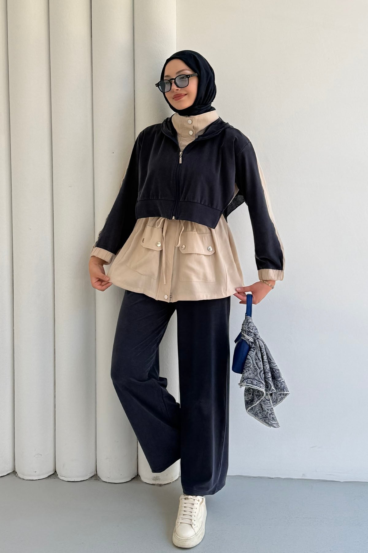 Tencel Kumaş Pantolonlu Üçlü Tesettür Takım-LACİVERT