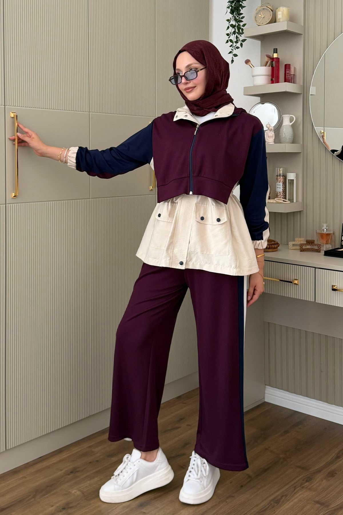 Tencel Kumaş Pantolonlu Üçlü Tesettür Takım-VİŞNE RENGİ