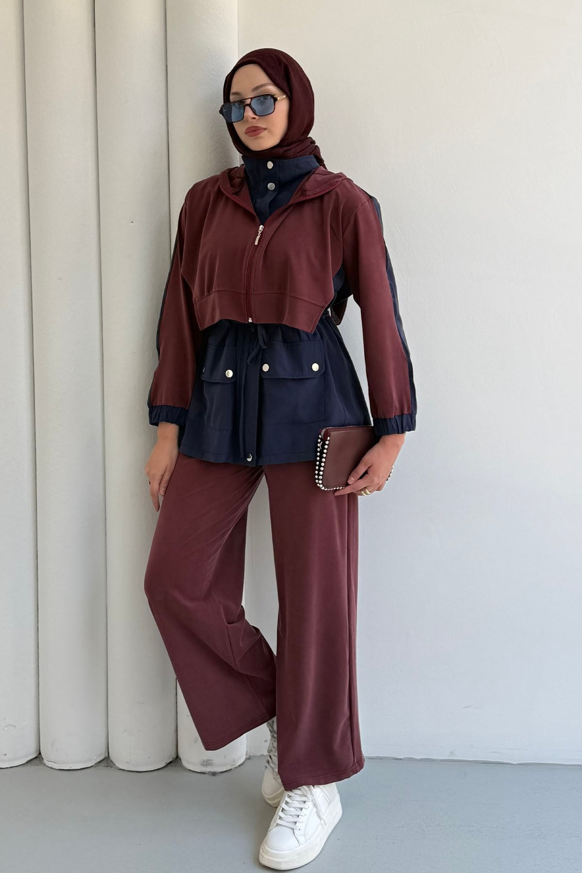 Tencel Kumaş Pantolonlu Üçlü Tesettür Takım-BORDO