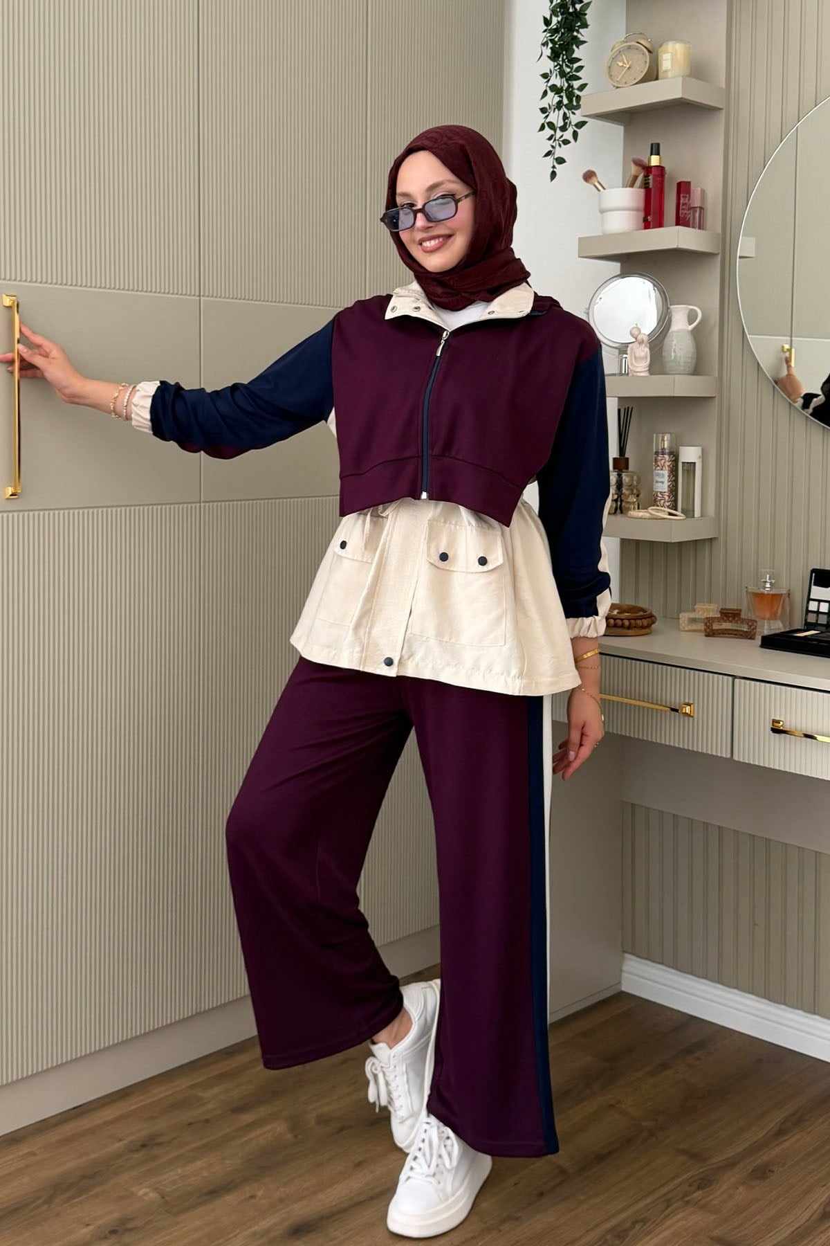 Tencel Kumaş Pantolonlu Üçlü Tesettür Takım-VİŞNE RENGİ