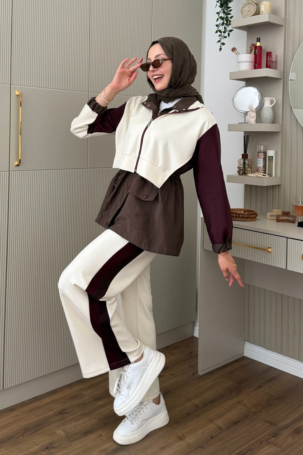 Tencel Kumaş Pantolonlu Üçlü Tesettür Takım-EKRU