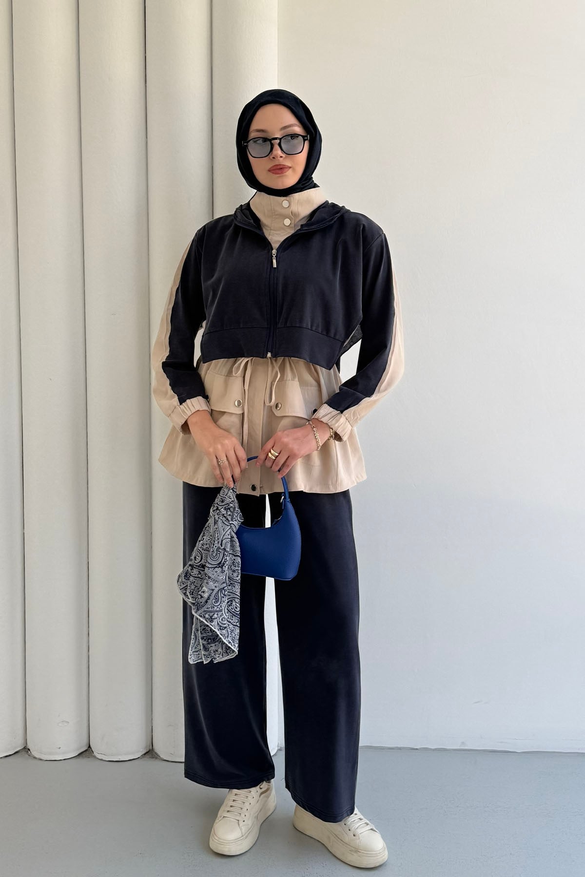 Tencel Kumaş Pantolonlu Üçlü Tesettür Takım-LACİVERT
