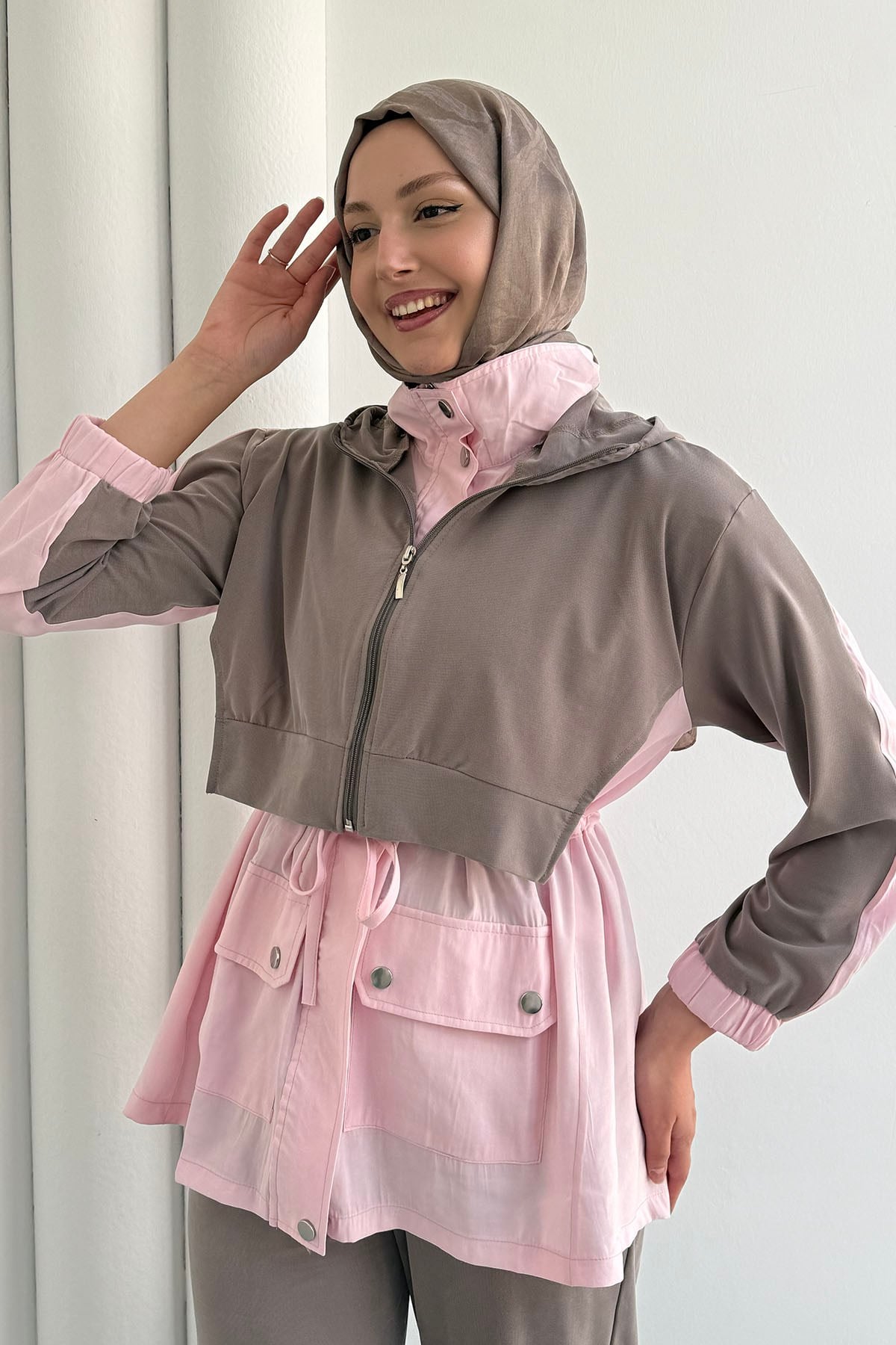 Tencel Kumaş Pantolonlu Üçlü Tesettür Takım-VİZON