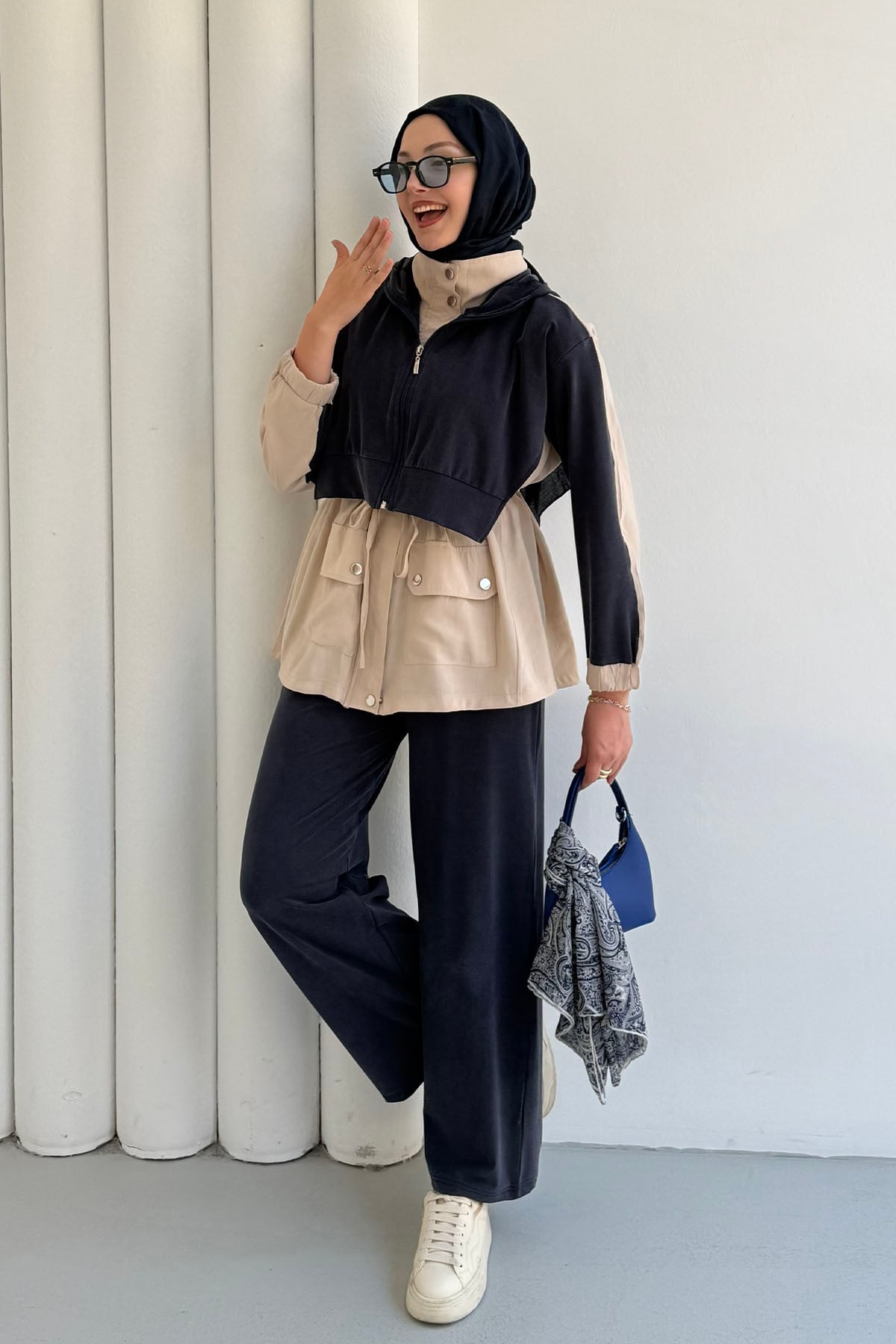 Tencel Kumaş Pantolonlu Üçlü Tesettür Takım-LACİVERT