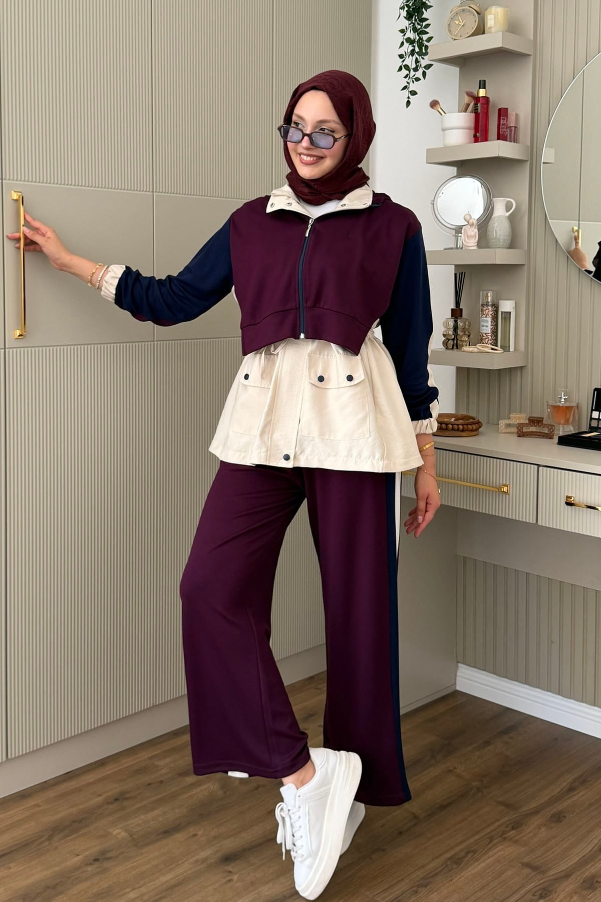 Tencel Kumaş Pantolonlu Üçlü Tesettür Takım-VİŞNE RENGİ