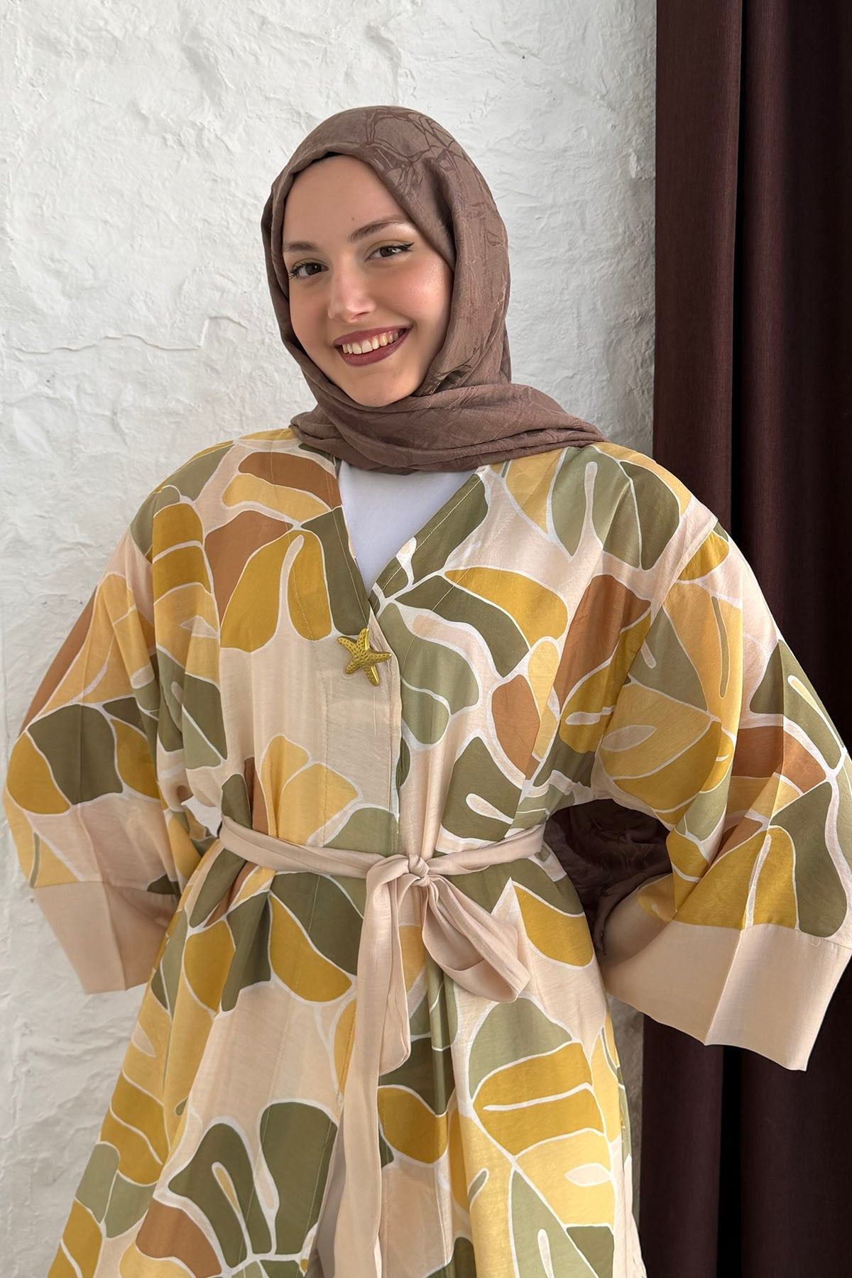 Tropik Yaprak Desenli Kimono-SARI