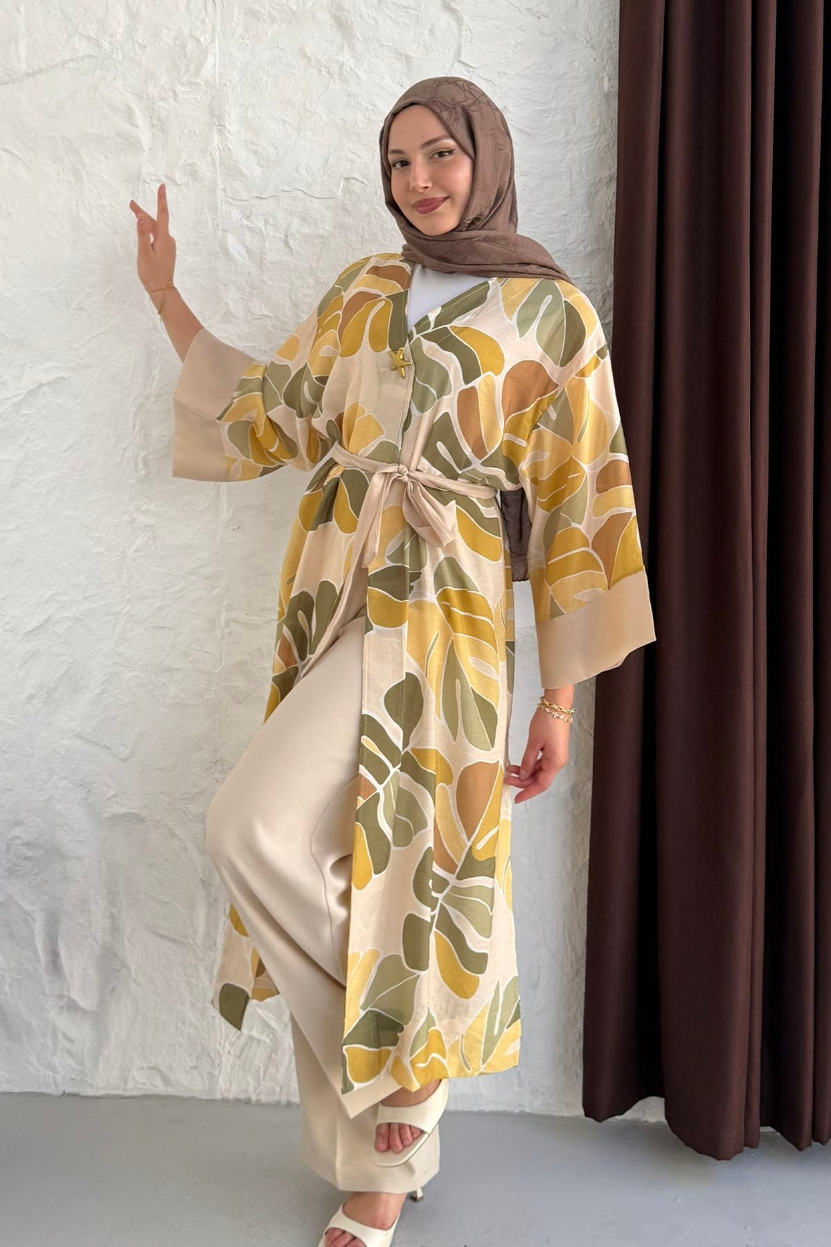 Tropik Yaprak Desenli Kimono-SARI
