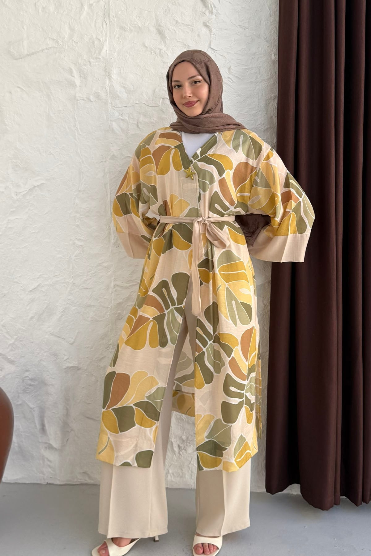 Tropik Yaprak Desenli Kimono-SARI