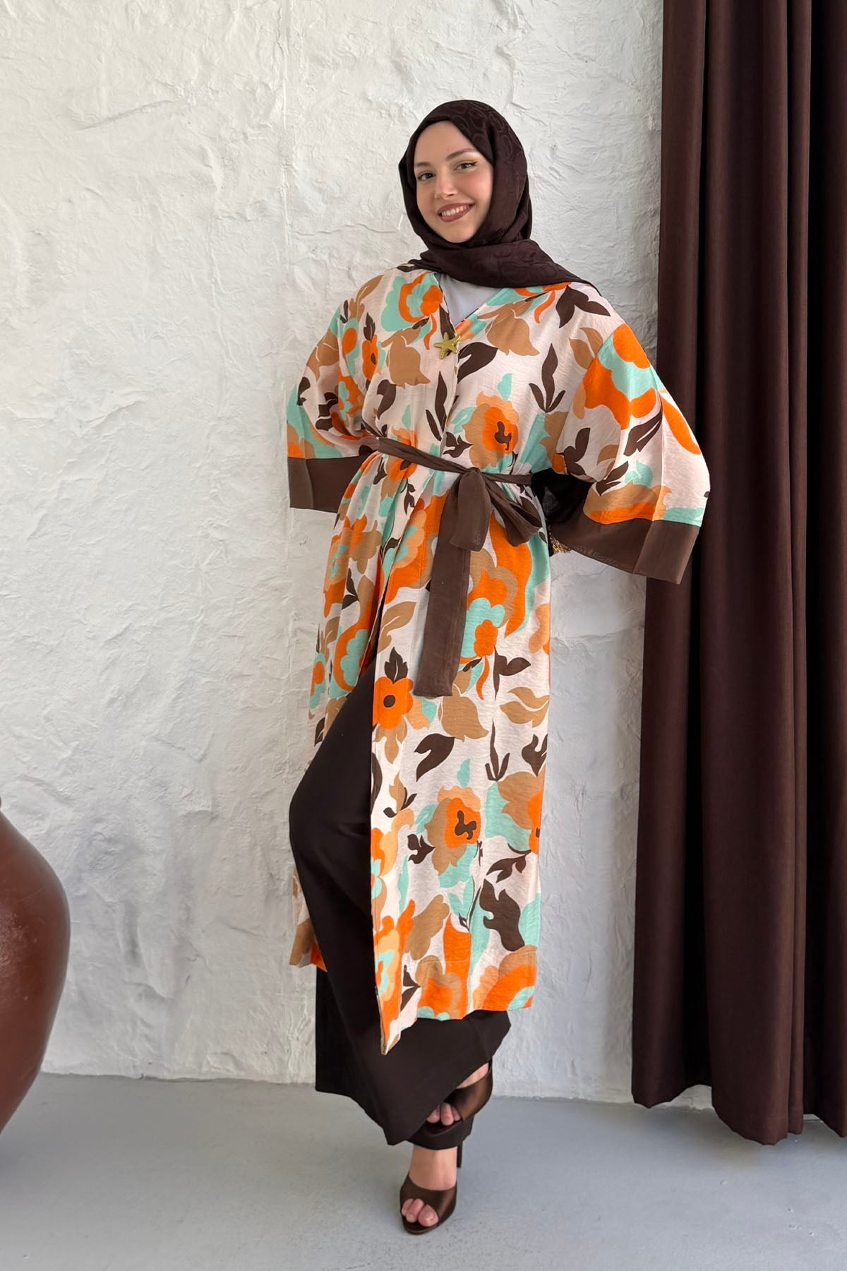 Tropik Yaprak Desenli Kimono-SU YEŞİLİ
