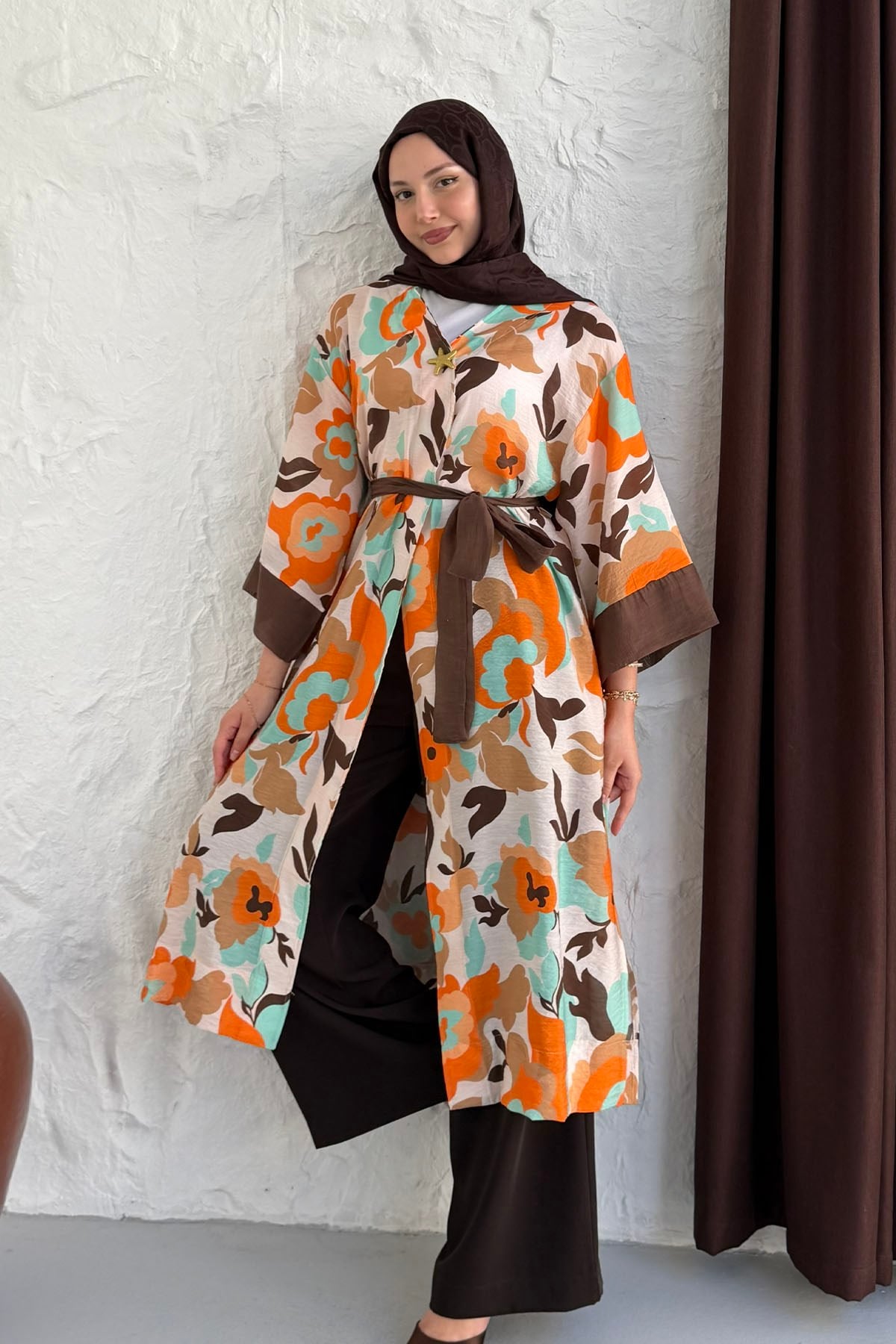 Tropik Yaprak Desenli Kimono-SU YEŞİLİ