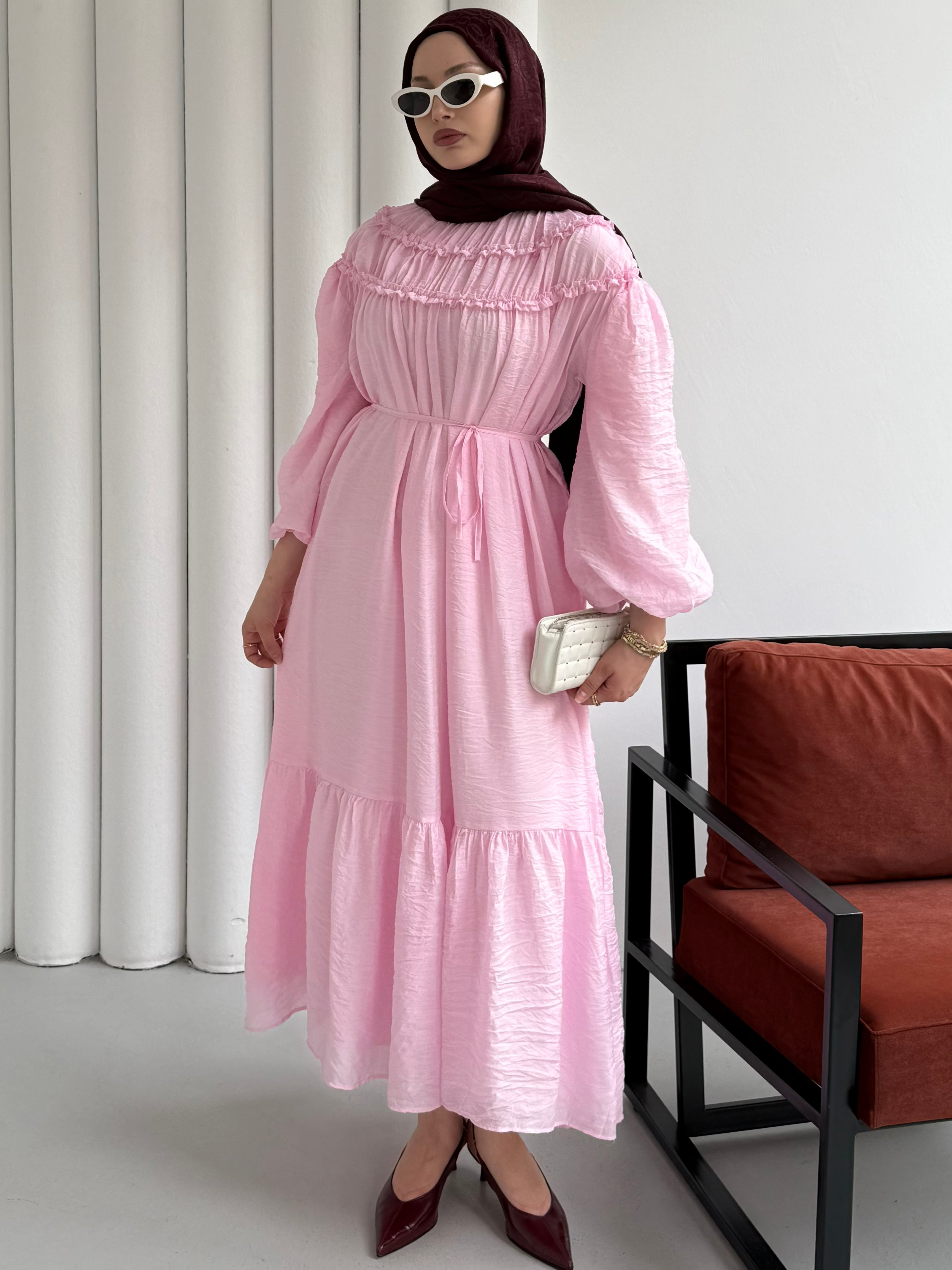 Tül Modal Doku Biye Kemerli Tesettür Elbise-PEMBE