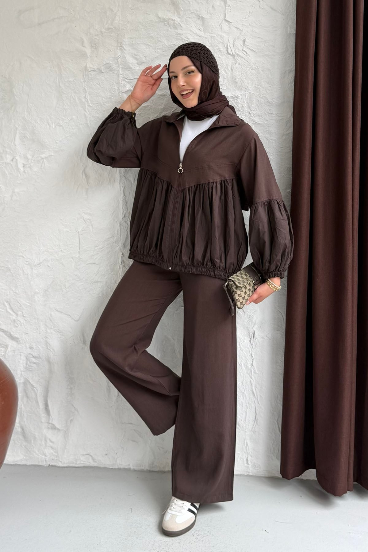 Üst Fermuarlı Balon Kol Peplum Tesettür Takım-KAHVERENGİ
