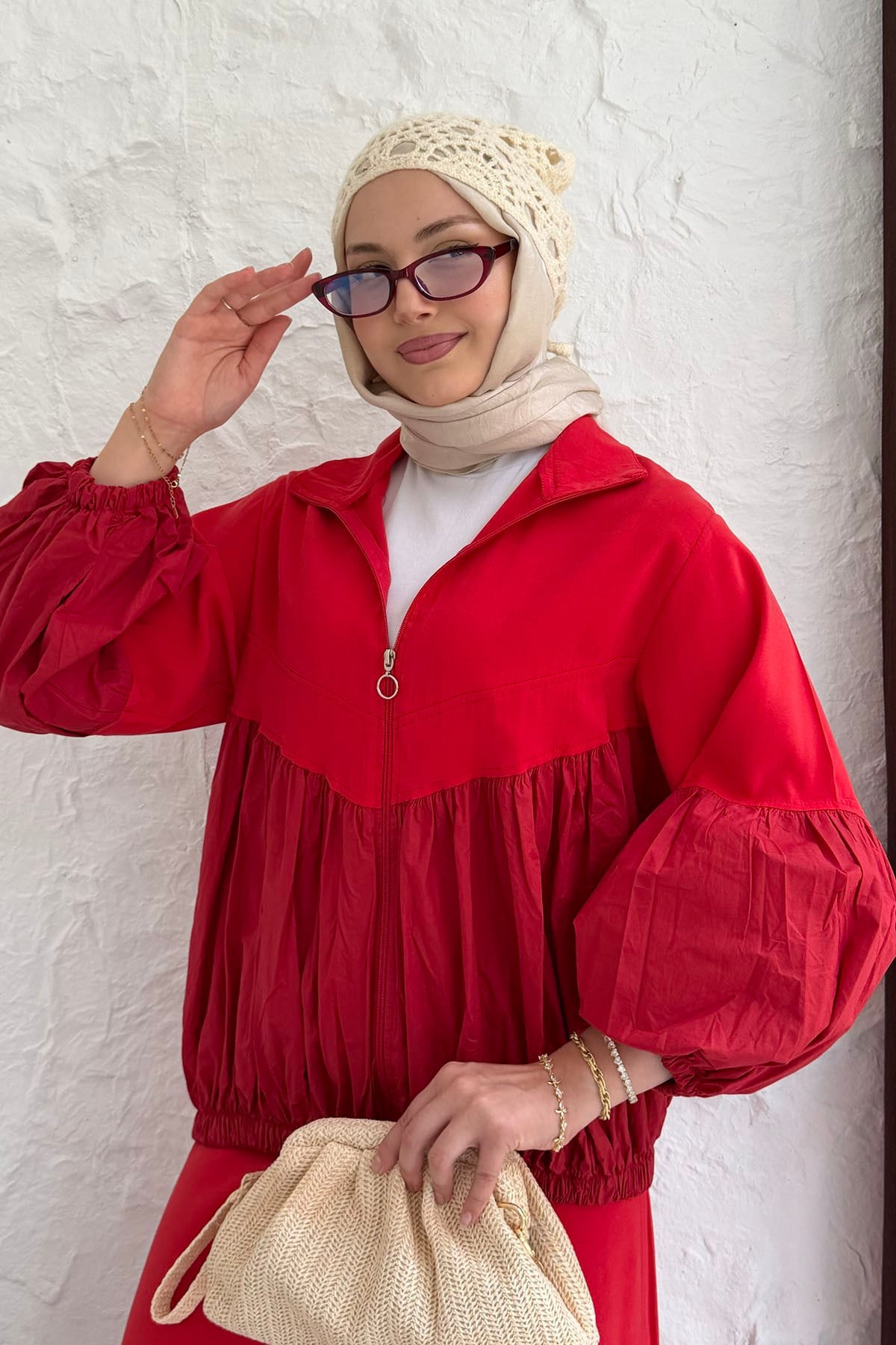 Üst Fermuarlı Balon Kol Peplum Tesettür Takım-KIRMIZI