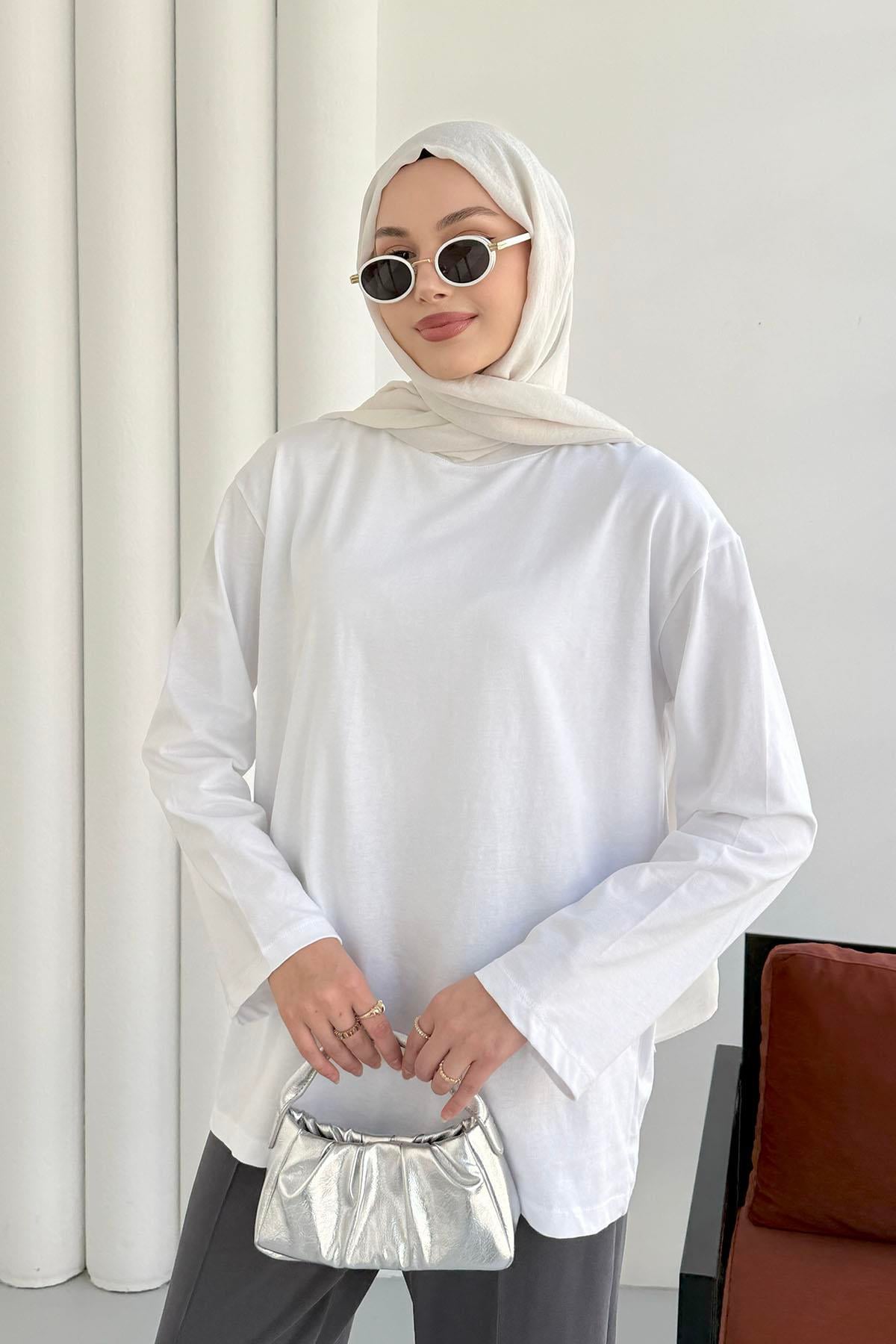 Uzun Kollu T-Shirt-BEYAZ