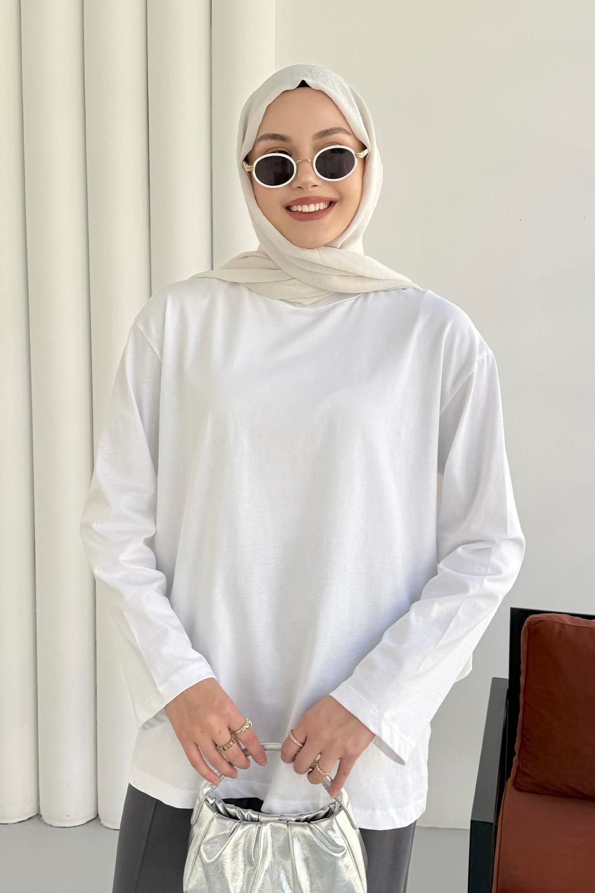 Uzun Kollu T-Shirt-BEYAZ