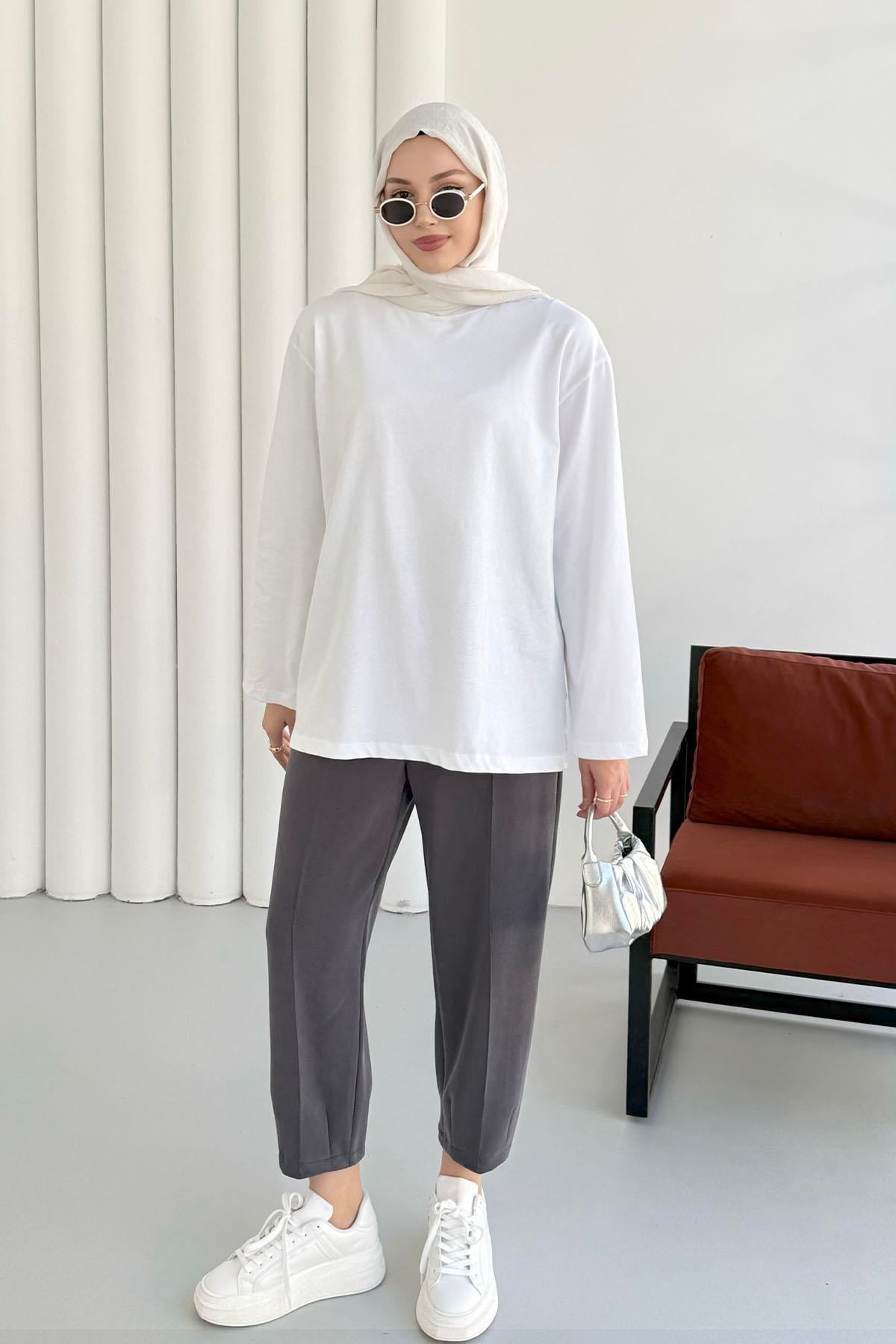 Uzun Kollu T-Shirt-BEYAZ