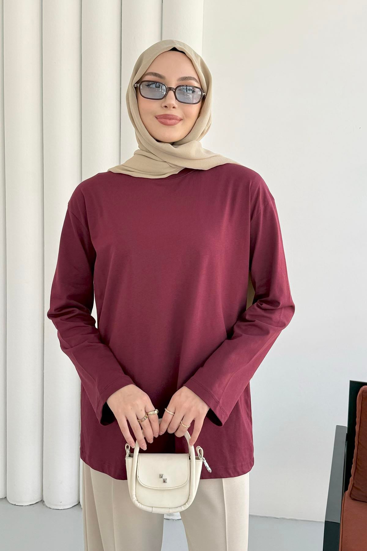 Uzun Kollu T-Shirt-BORDO
