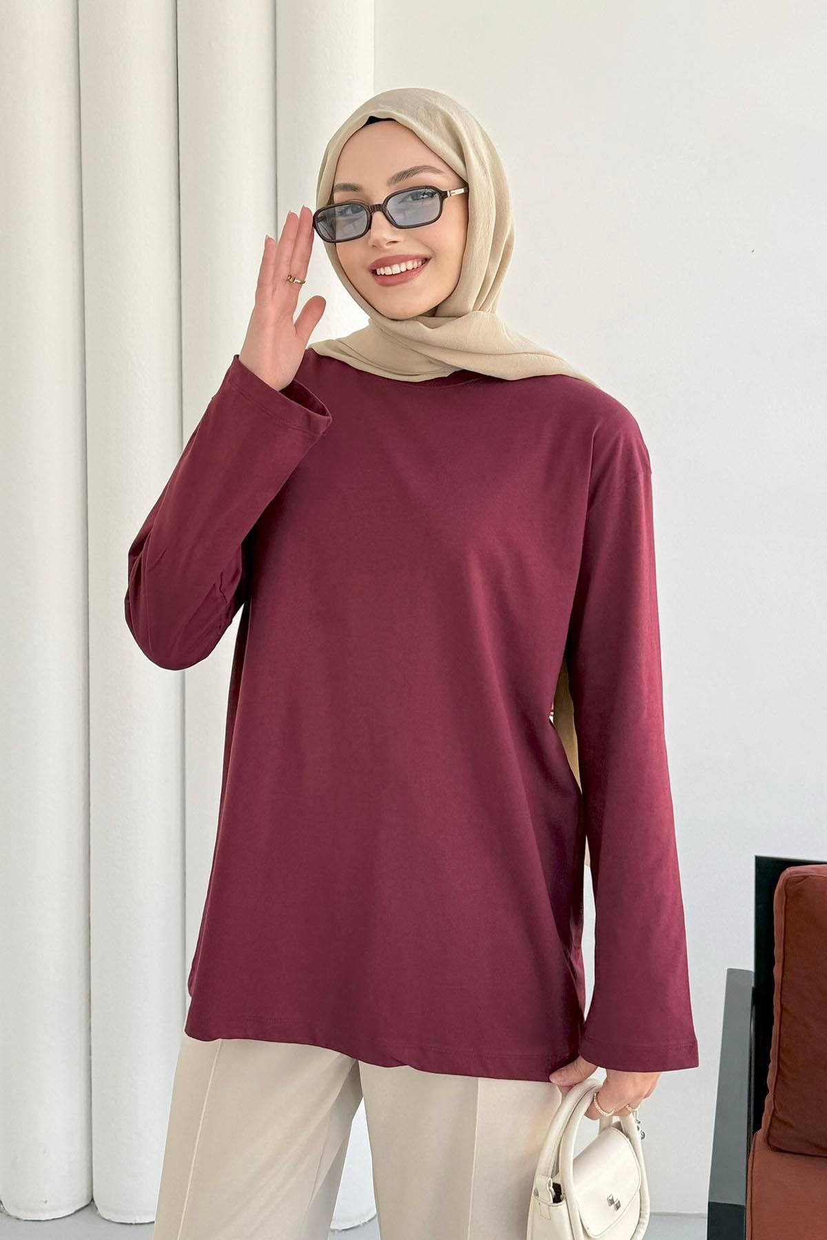 Uzun Kollu T-Shirt-BORDO