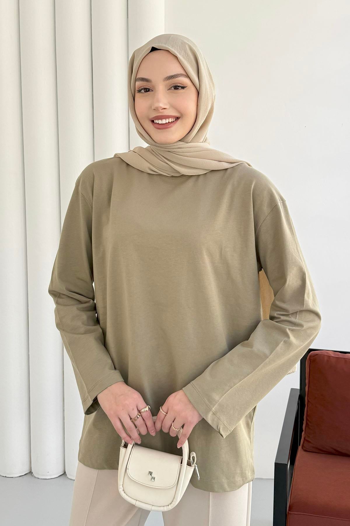 Uzun Kollu T-Shirt-HAKİ YEŞİL