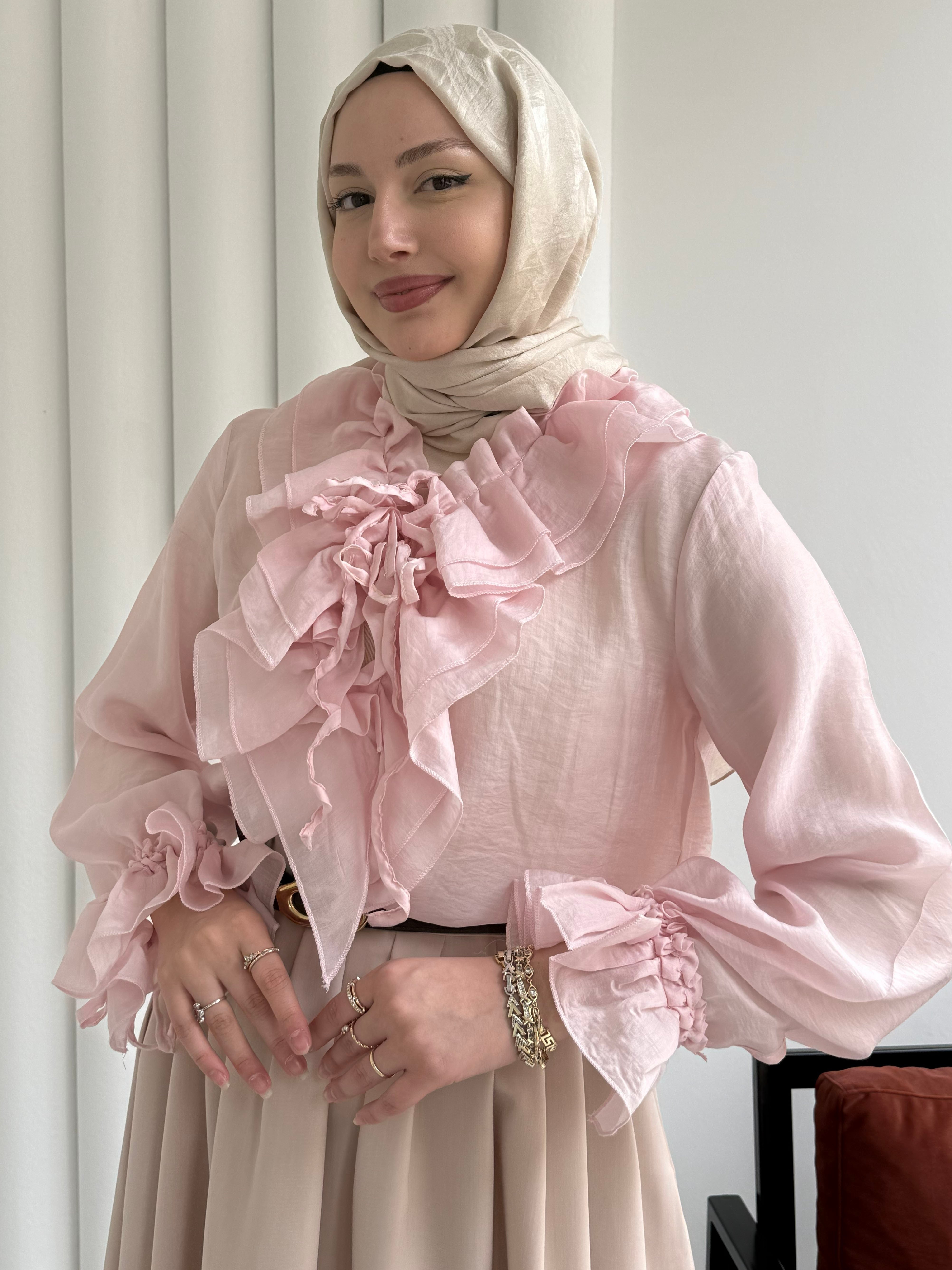 V Yaka Kol Ve Yaka Fırfır Detay Gömlek-PEMBE