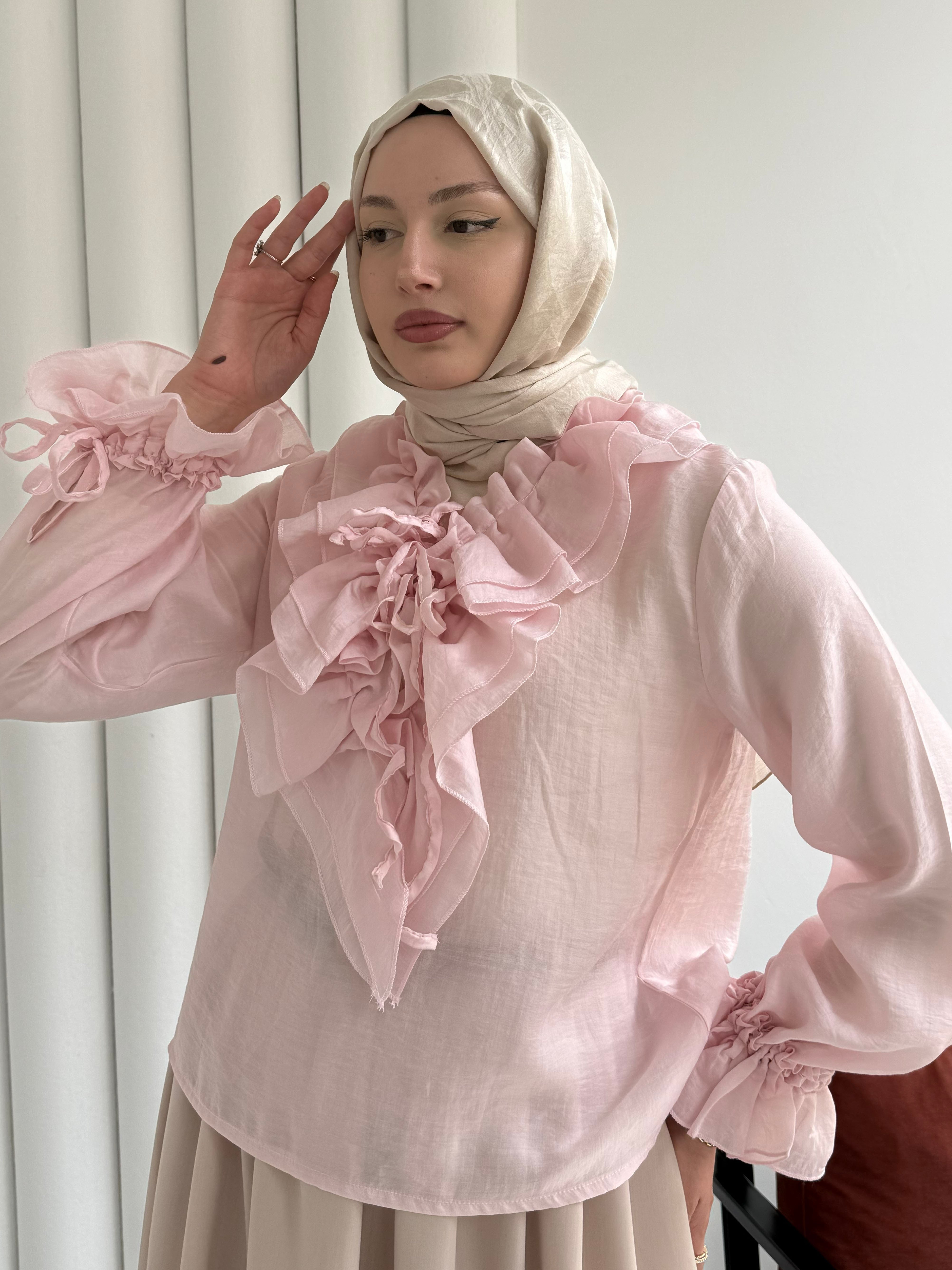 V Yaka Kol Ve Yaka Fırfır Detay Gömlek-PEMBE