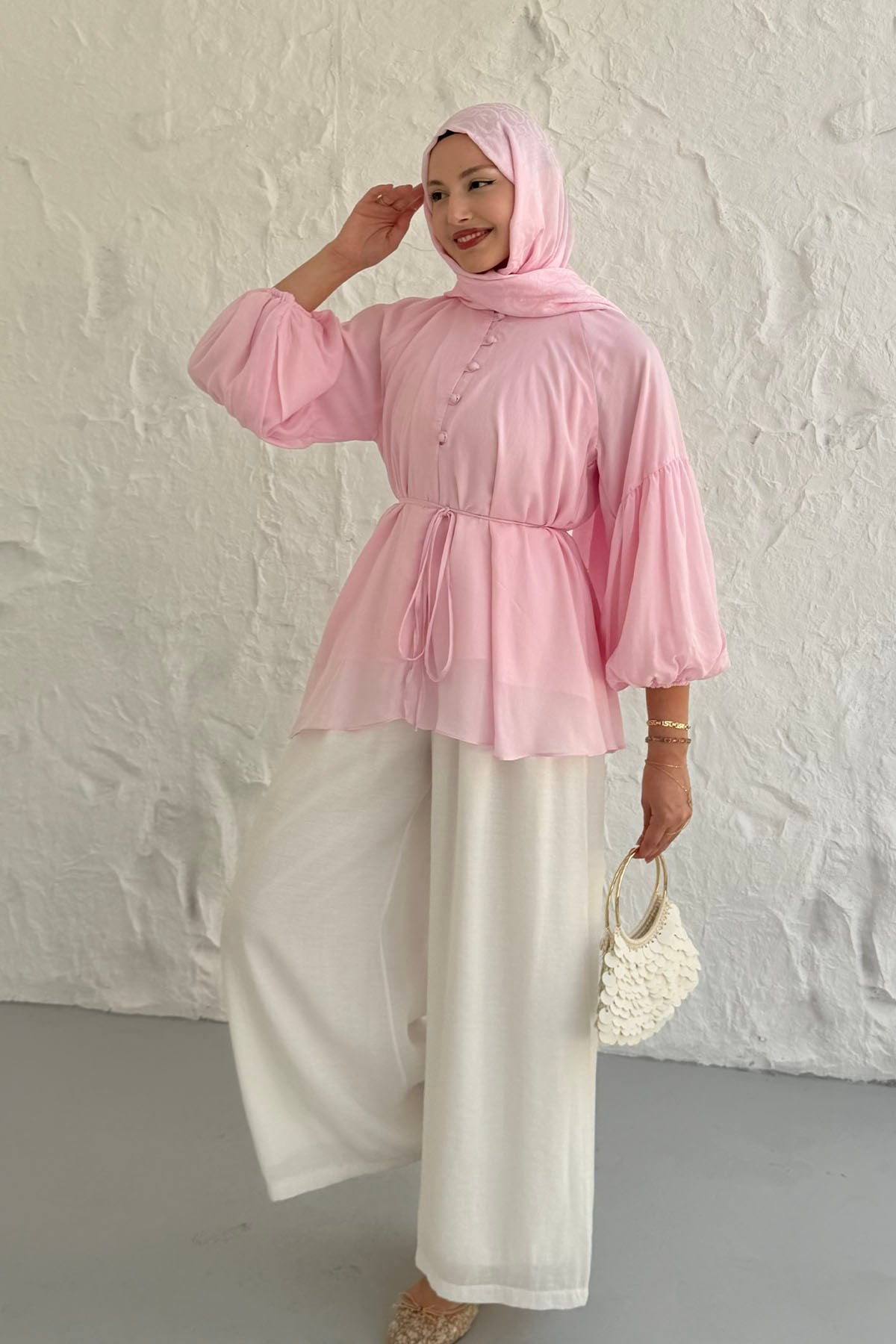 Vual Kumaş Balon Kol Bluz ve Pantolon Tesettür Takım-PEMBE