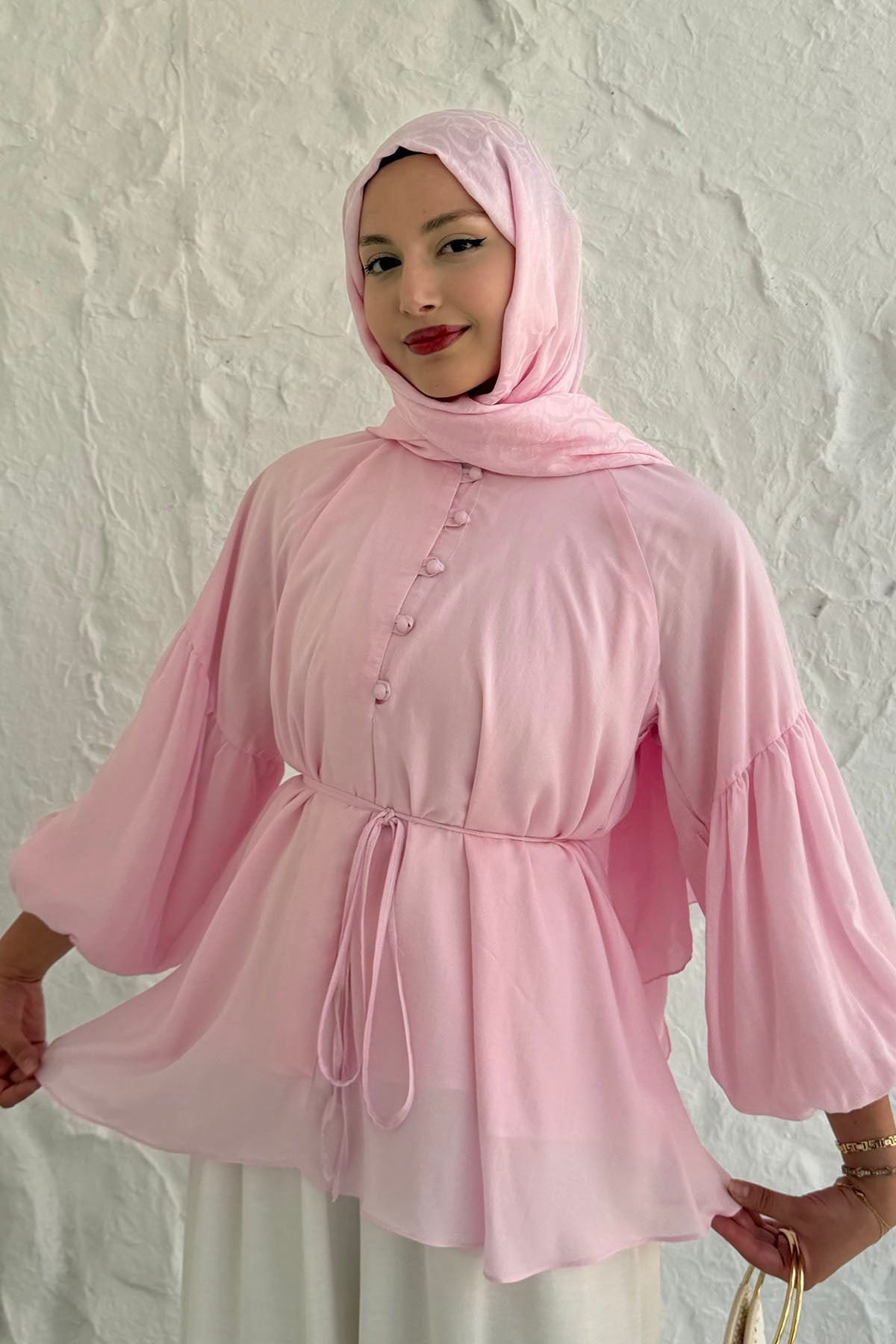 Vual Kumaş Balon Kol Bluz ve Pantolon Tesettür Takım-PEMBE