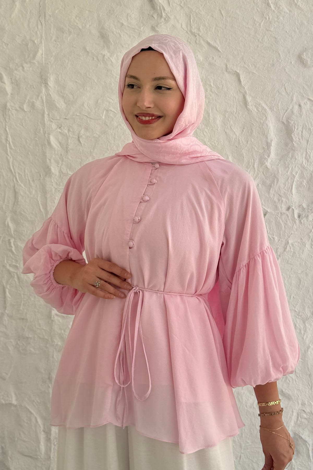 Vual Kumaş Balon Kol Bluz ve Pantolon Tesettür Takım-PEMBE