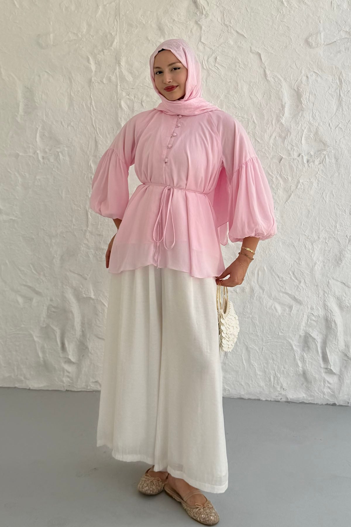 Vual Kumaş Balon Kol Bluz ve Pantolon Tesettür Takım-PEMBE