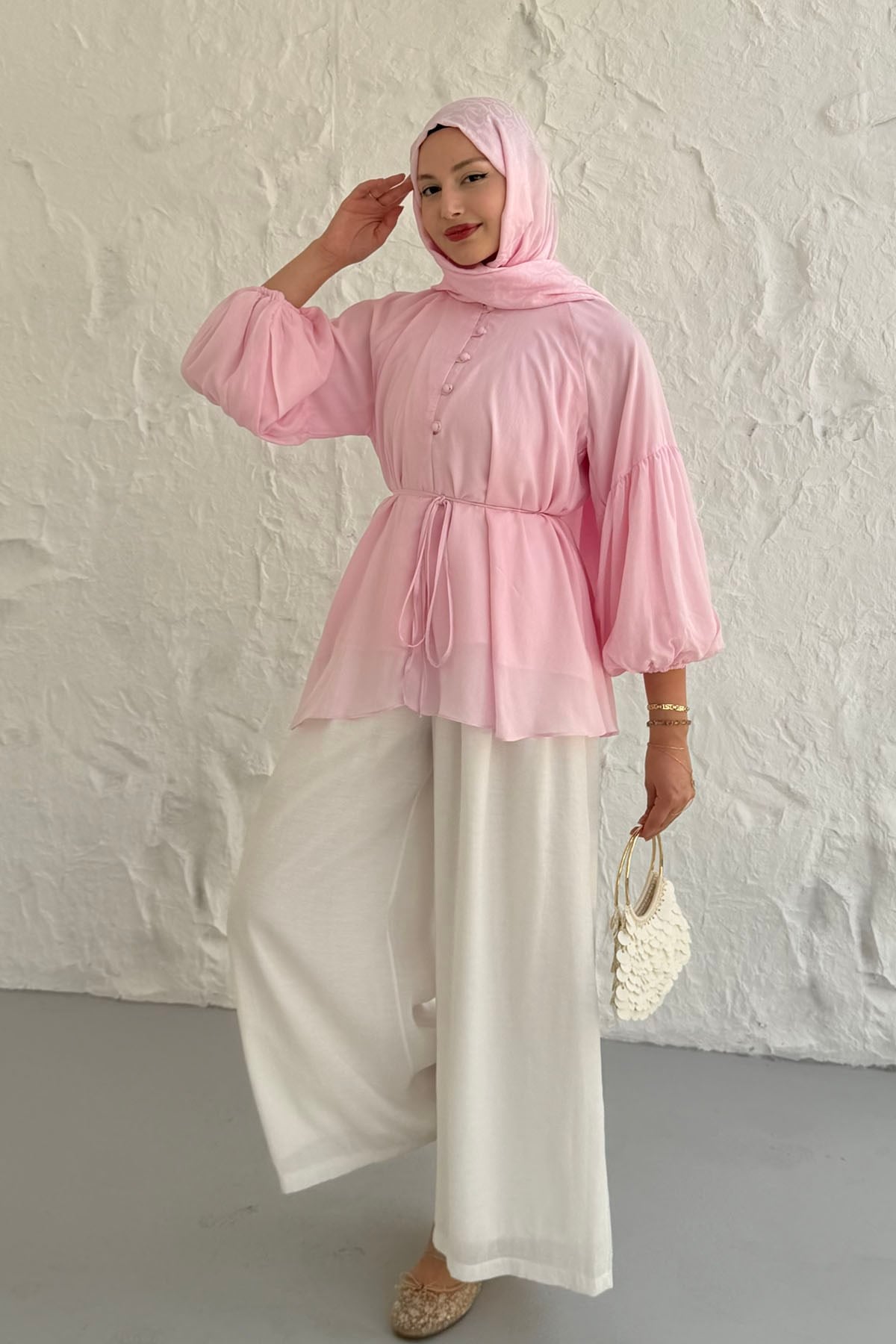 Vual Kumaş Balon Kol Bluz ve Pantolon Tesettür Takım-PEMBE
