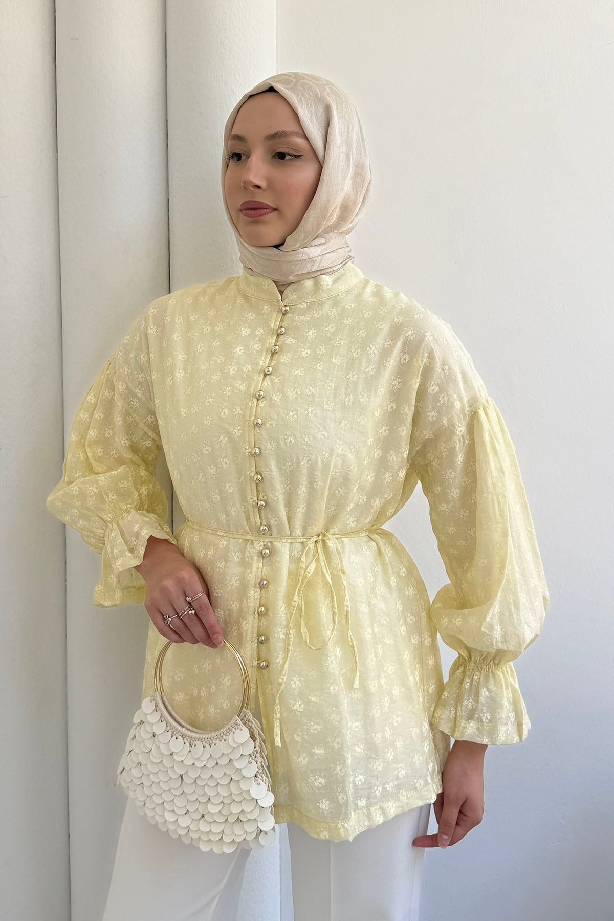 Vual Kumaş Çiçek Desenli Önü Düğmeli Gömlek-SARI